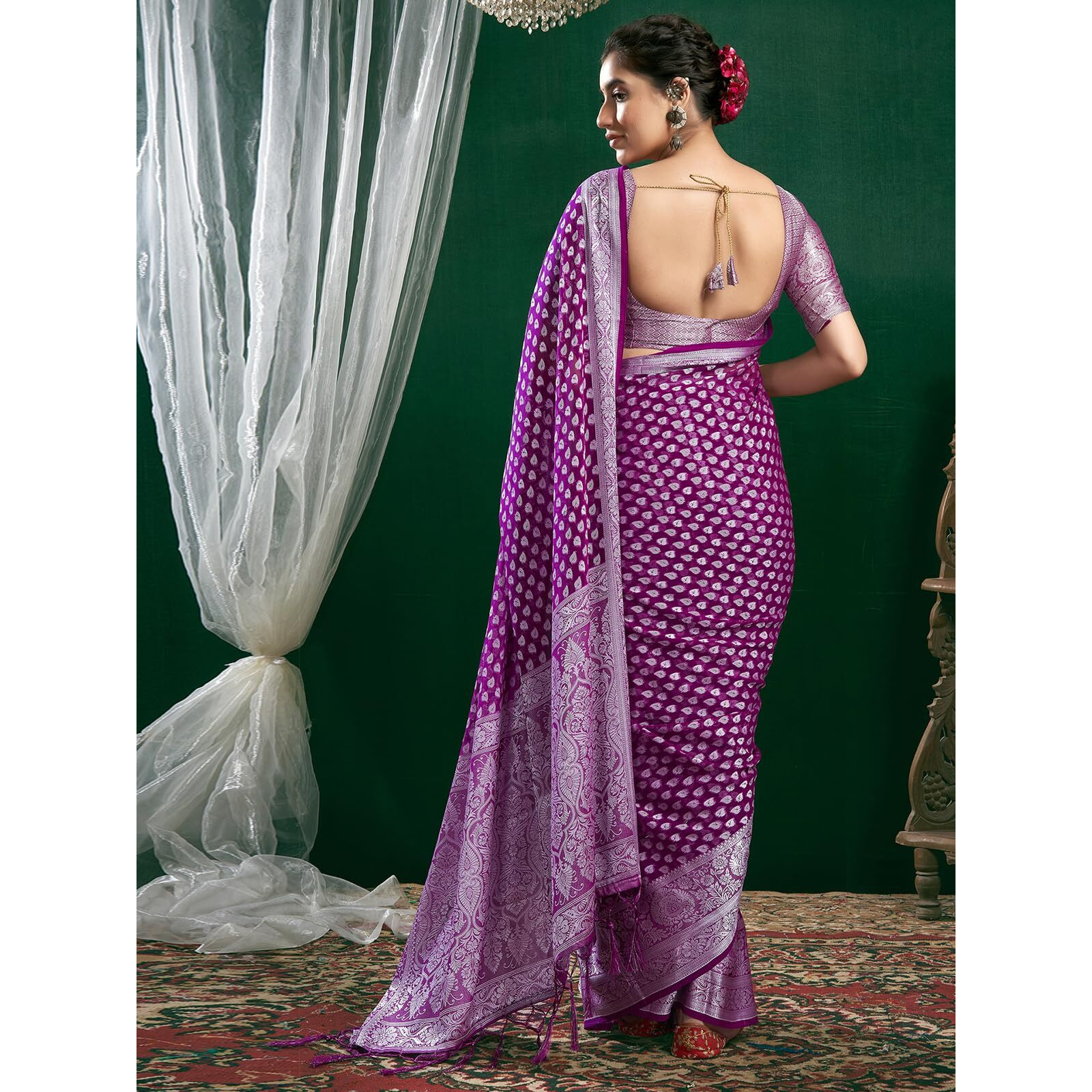 Satrani Women's Georgette Banarasi Jacquard Saree with Unstitched Blouse Piece (3813S6111N_Dark Magenta & Silver)