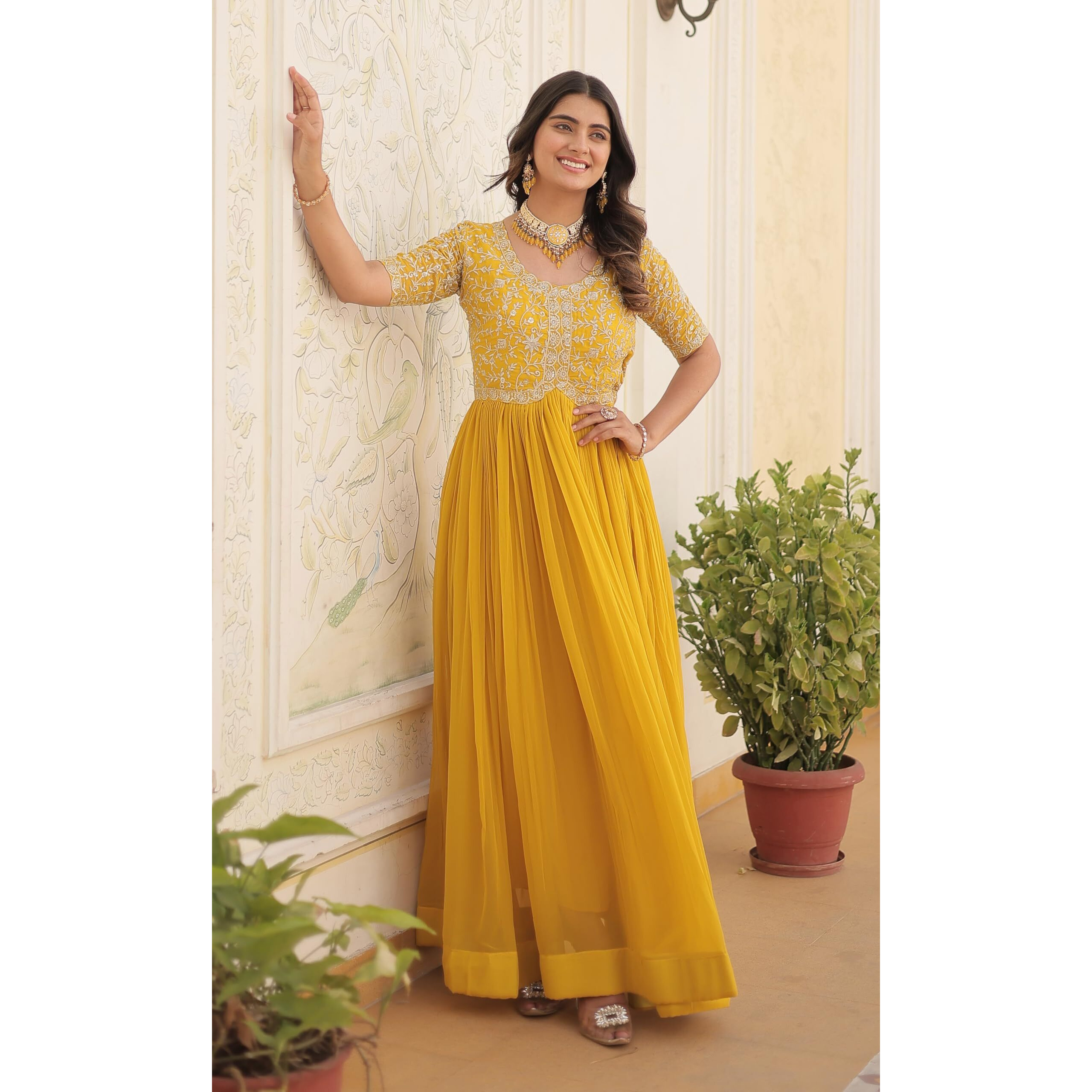 Fashion Basket Georgette Embroidered Anarkali Gown for Women Yellow