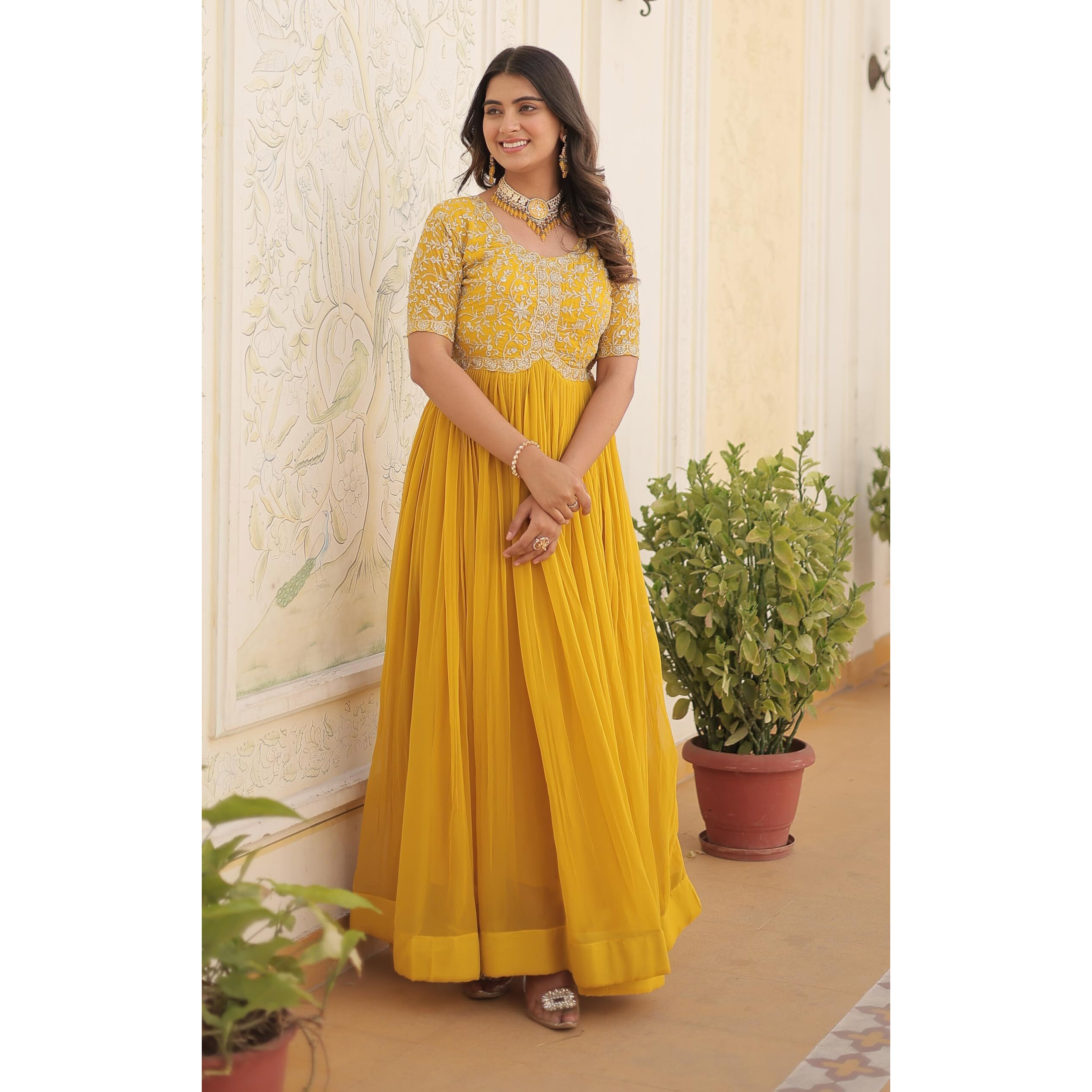 Fashion Basket Georgette Embroidered Anarkali Gown for Women Yellow