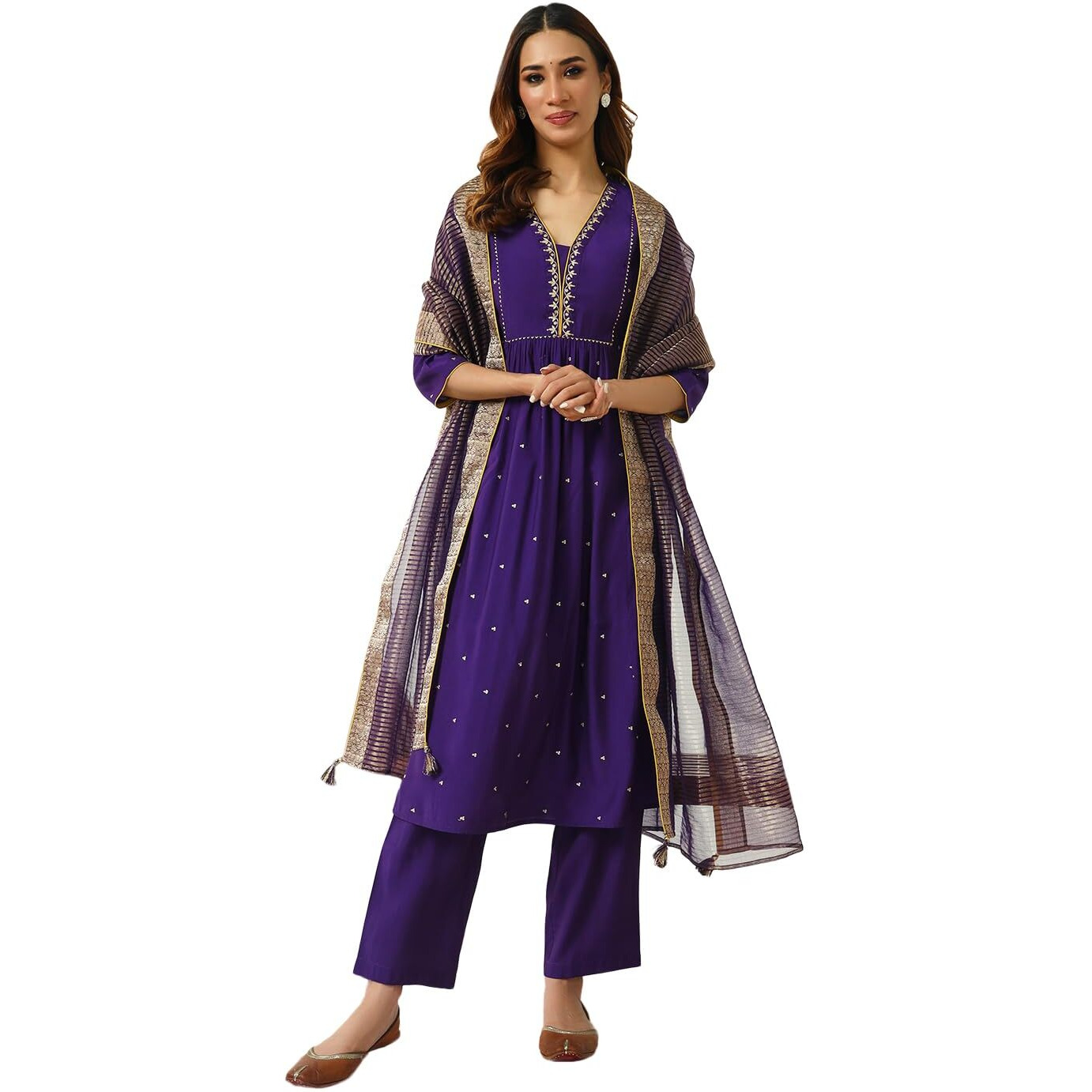 FIORRA Women's Purple Chanderi A-line Kurta with Pant and Dupatta SET0159