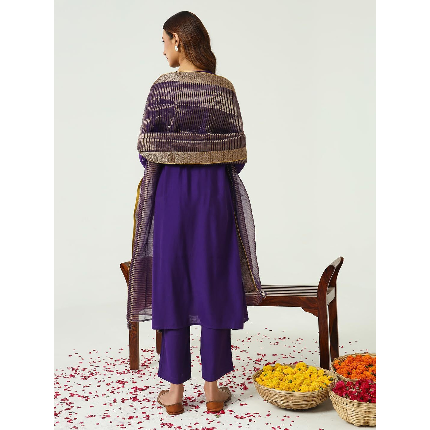 FIORRA Women's Purple Chanderi A-line Kurta with Pant and Dupatta SET0159
