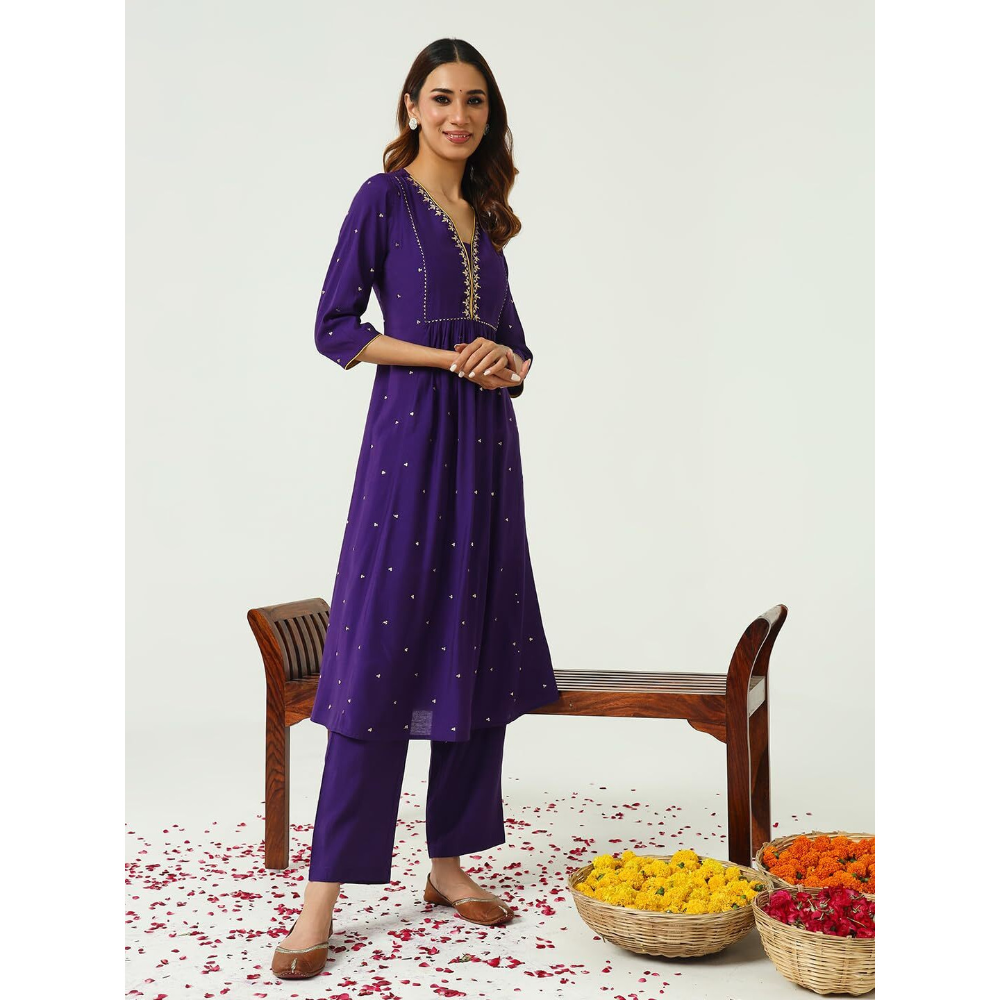 FIORRA Women's Purple Chanderi A-line Kurta with Pant and Dupatta SET0159
