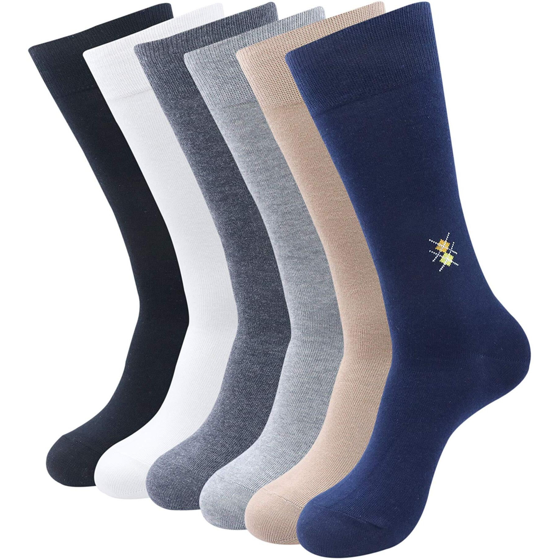 BALENZIA Men's Motif Cotton Crew Length/Calf Length Socks- Made with Cotton and Spandex Men's Formal Socks Pack of 6 (Black,Beige,Navy,D.Grey,L.Grey,White)