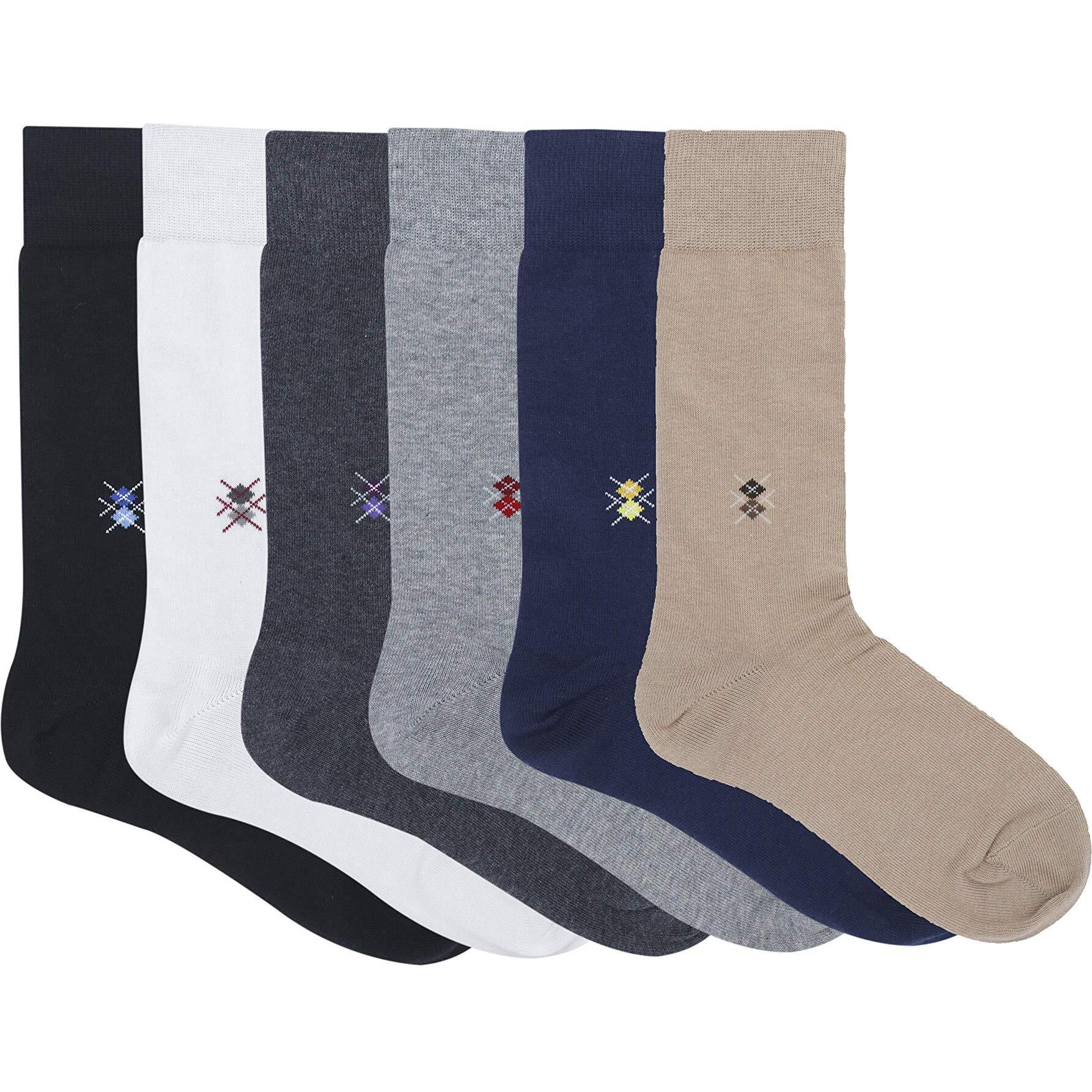 BALENZIA Men's Motif Cotton Crew Length/Calf Length Socks- Made with Cotton and Spandex Men's Formal Socks Pack of 6 (Black,Beige,Navy,D.Grey,L.Grey,White)