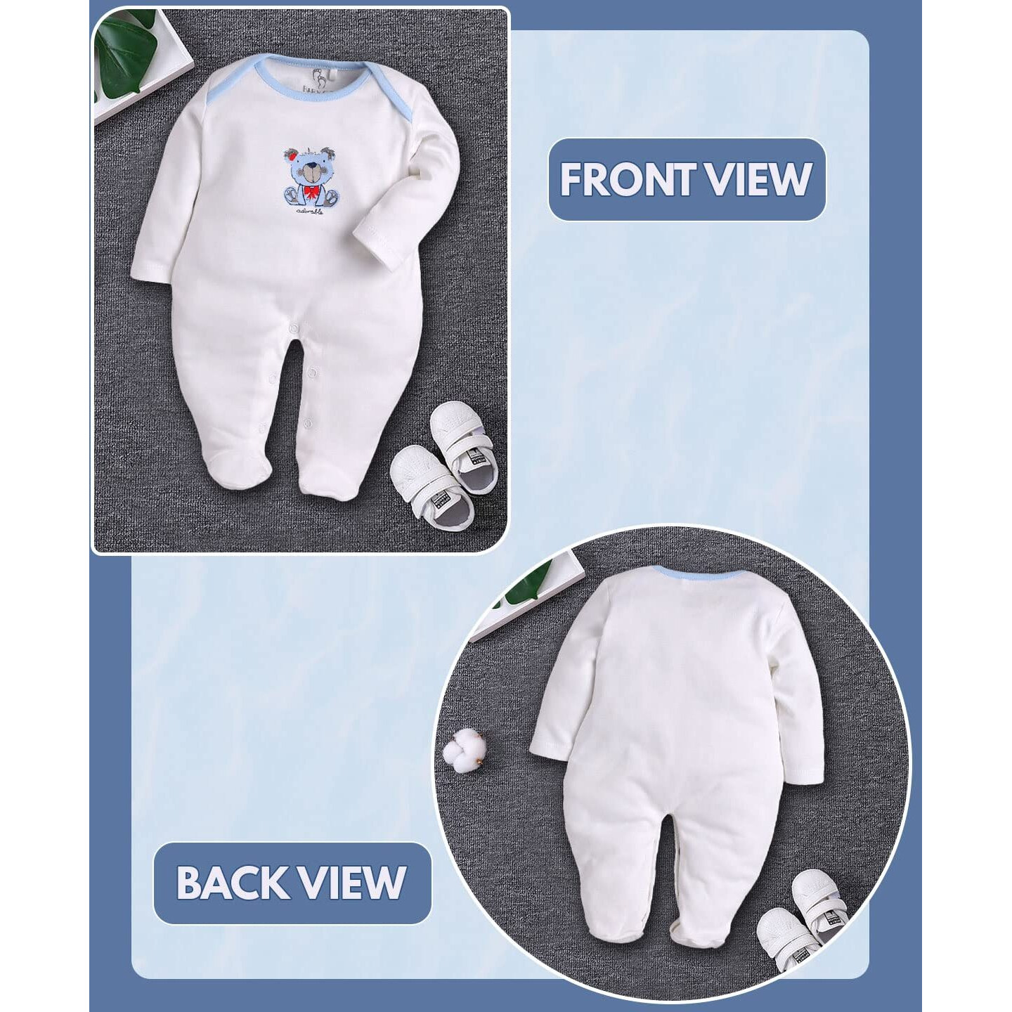 BabyGo Baby Romper 100% Cotton Rompers for New Born Baby|Sleepsuits for Baby Boys & Girls |Onesies| Infant Clothes|WHITE| 0-3M| 3-6M| 6-9M| Pack of 2