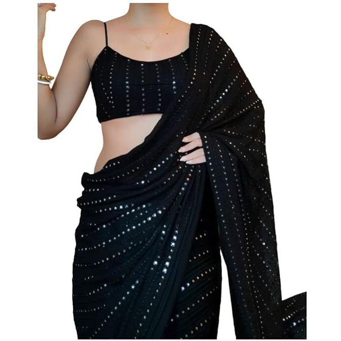 Flosive Women's Thread Sequence Work Georgette Saree With Blouse (BLACK)