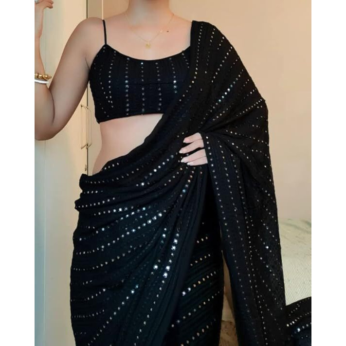 Flosive Women's Thread Sequence Work Georgette Saree With Blouse (BLACK)