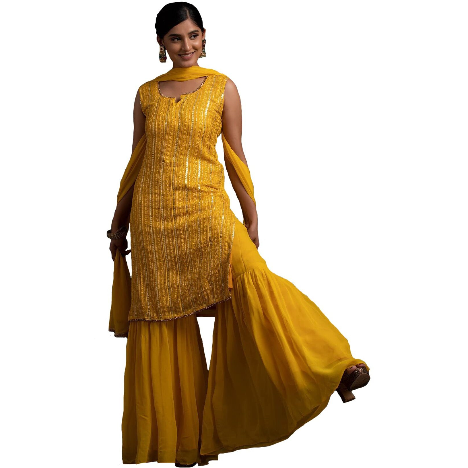 Xomantic Fashion Women's Georgette Sequence work Kurta Sharara Set With Dupatta