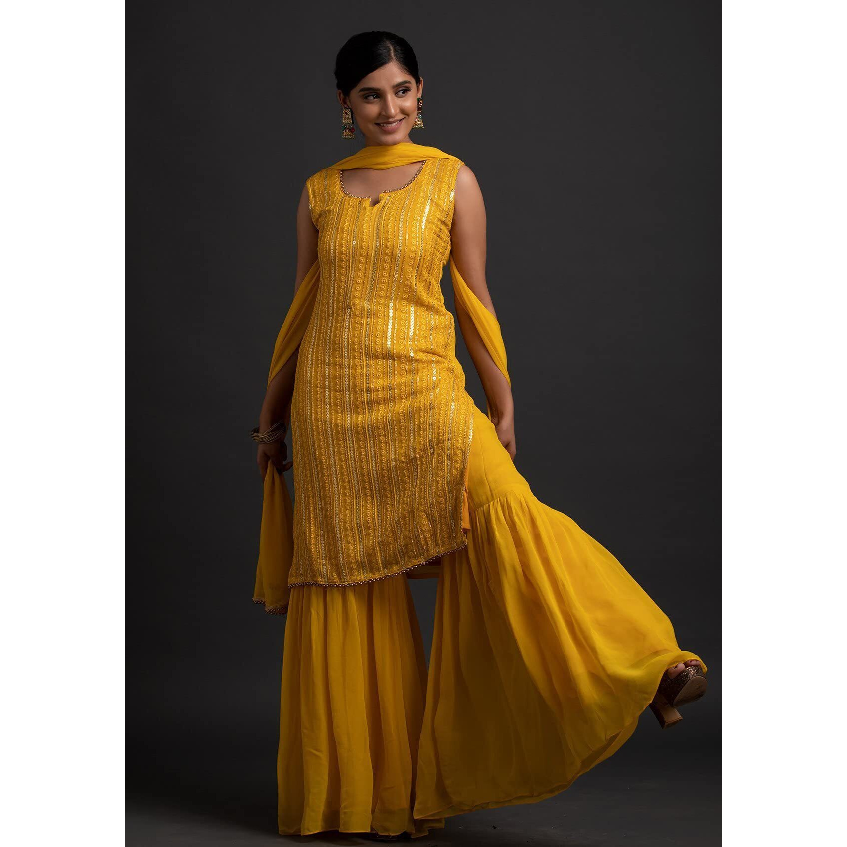 Xomantic Fashion Women's Georgette Sequence work Kurta Sharara Set With Dupatta