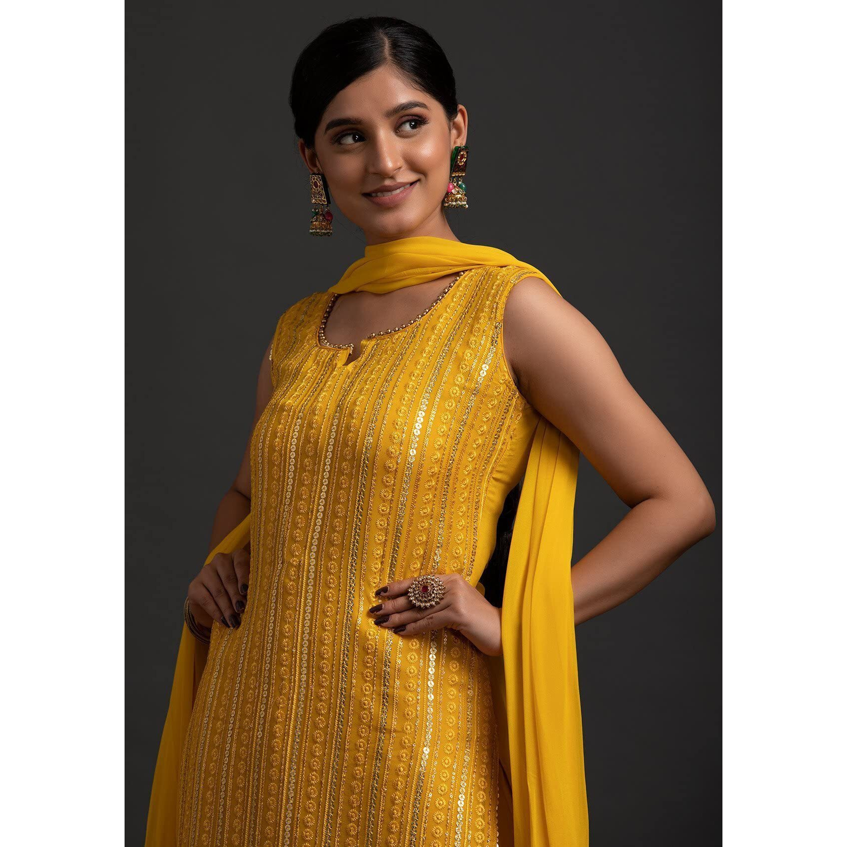 Xomantic Fashion Women's Georgette Sequence work Kurta Sharara Set With Dupatta