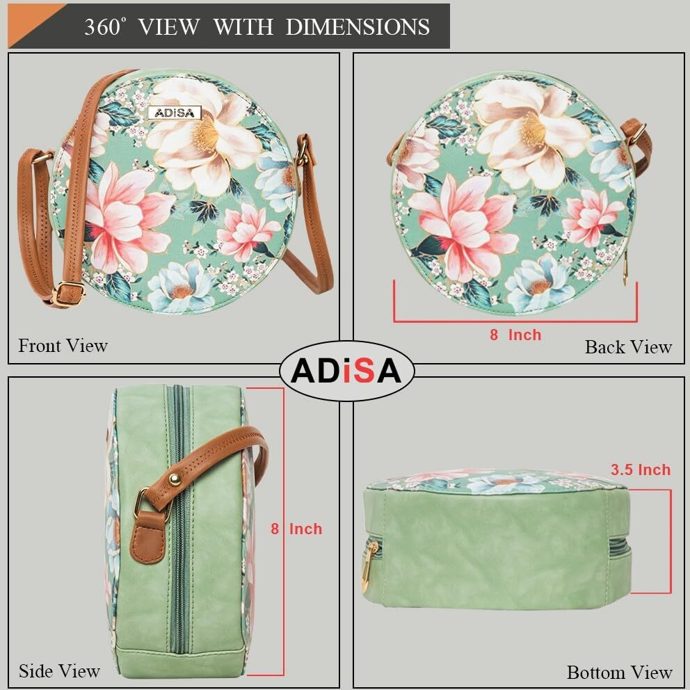ADISA Women Girls Flower Print Sling Bag Round Crossbody Purse (SL6007-GRN_Green)