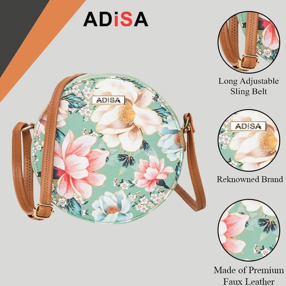 ADISA Women Girls Flower Print Sling Bag Round Crossbody Purse (SL6007-GRN_Green)