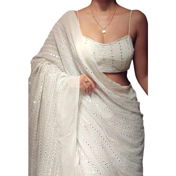 Flosive Women's Thread Sequence Work Georgette Saree With Blouse (WHITE)