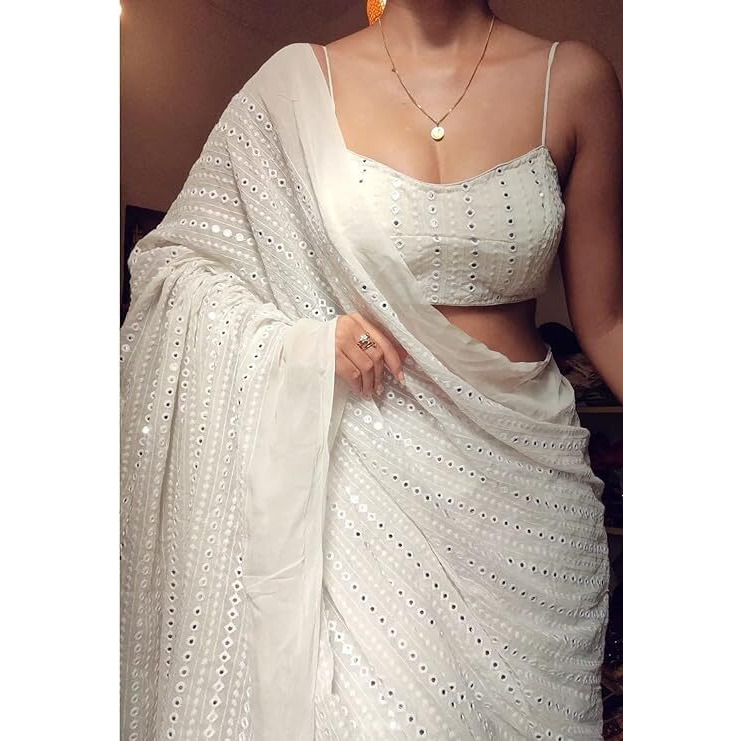 Flosive Women's Thread Sequence Work Georgette Saree With Blouse (WHITE)