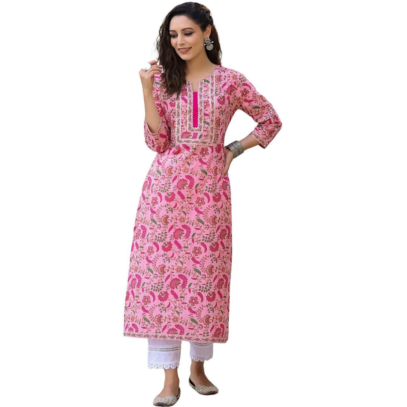 rytras Women's Cotton Printed Straight Kurta(Pink,L)