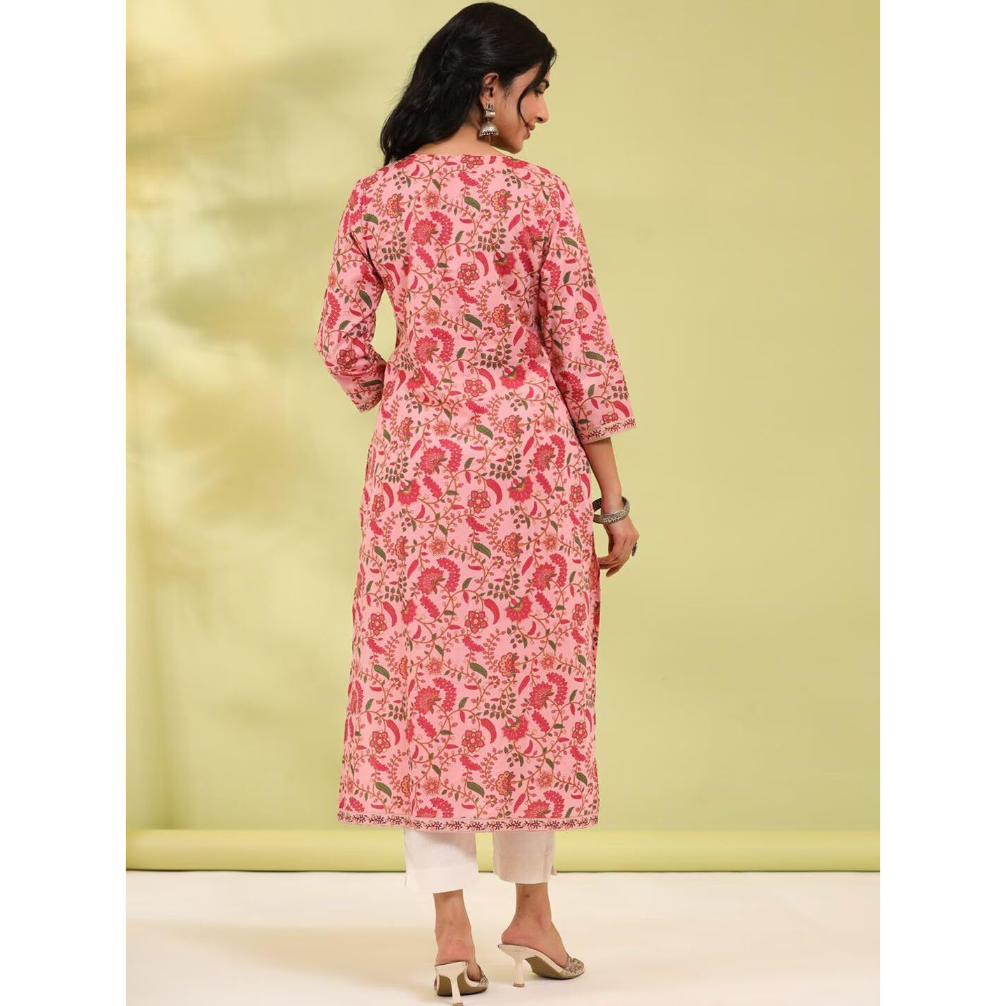 rytras Women's Cotton Printed Straight Kurta(Pink,L)