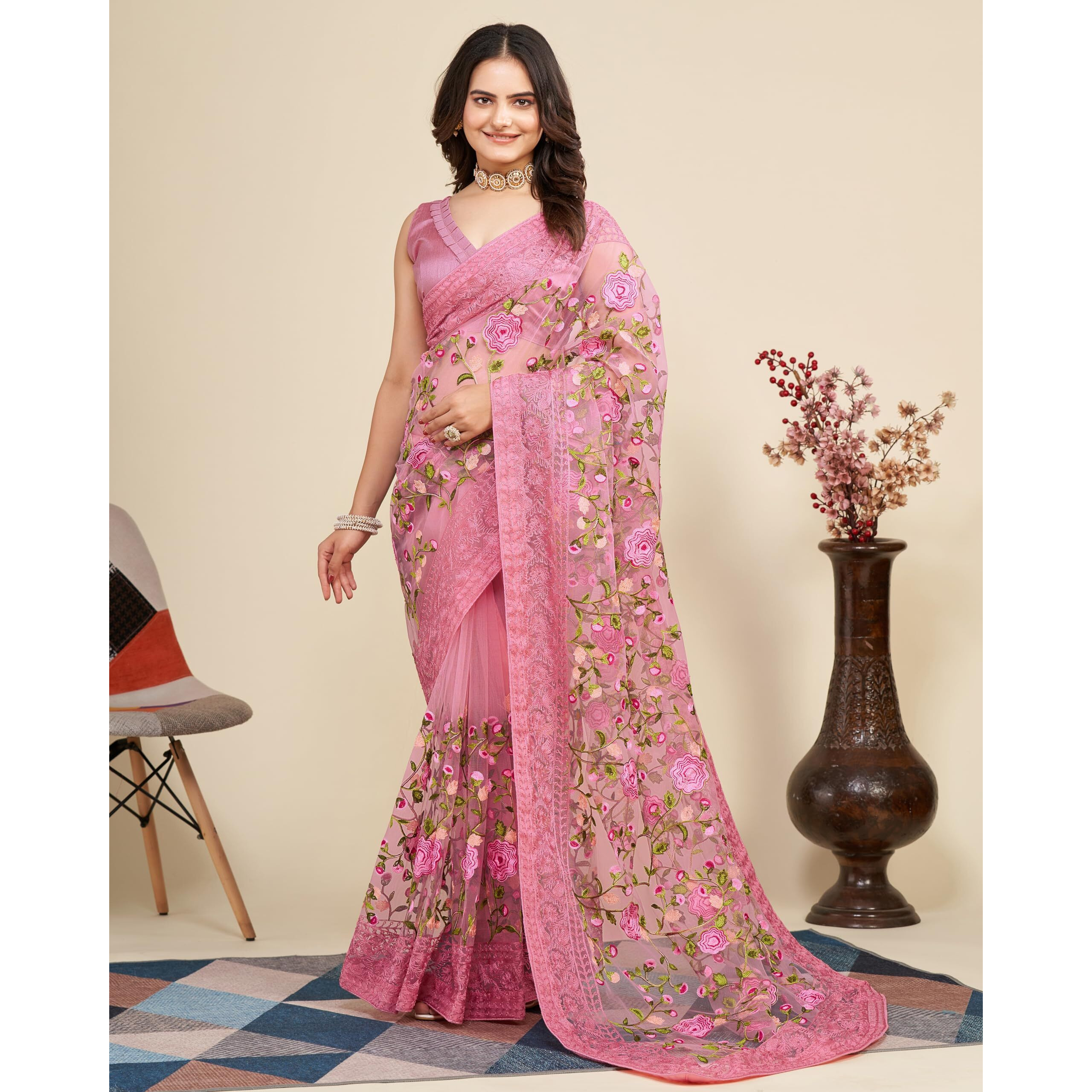 VAIRAGEE Women Soft Net Blush Pink Embroidery Saree 6079_2