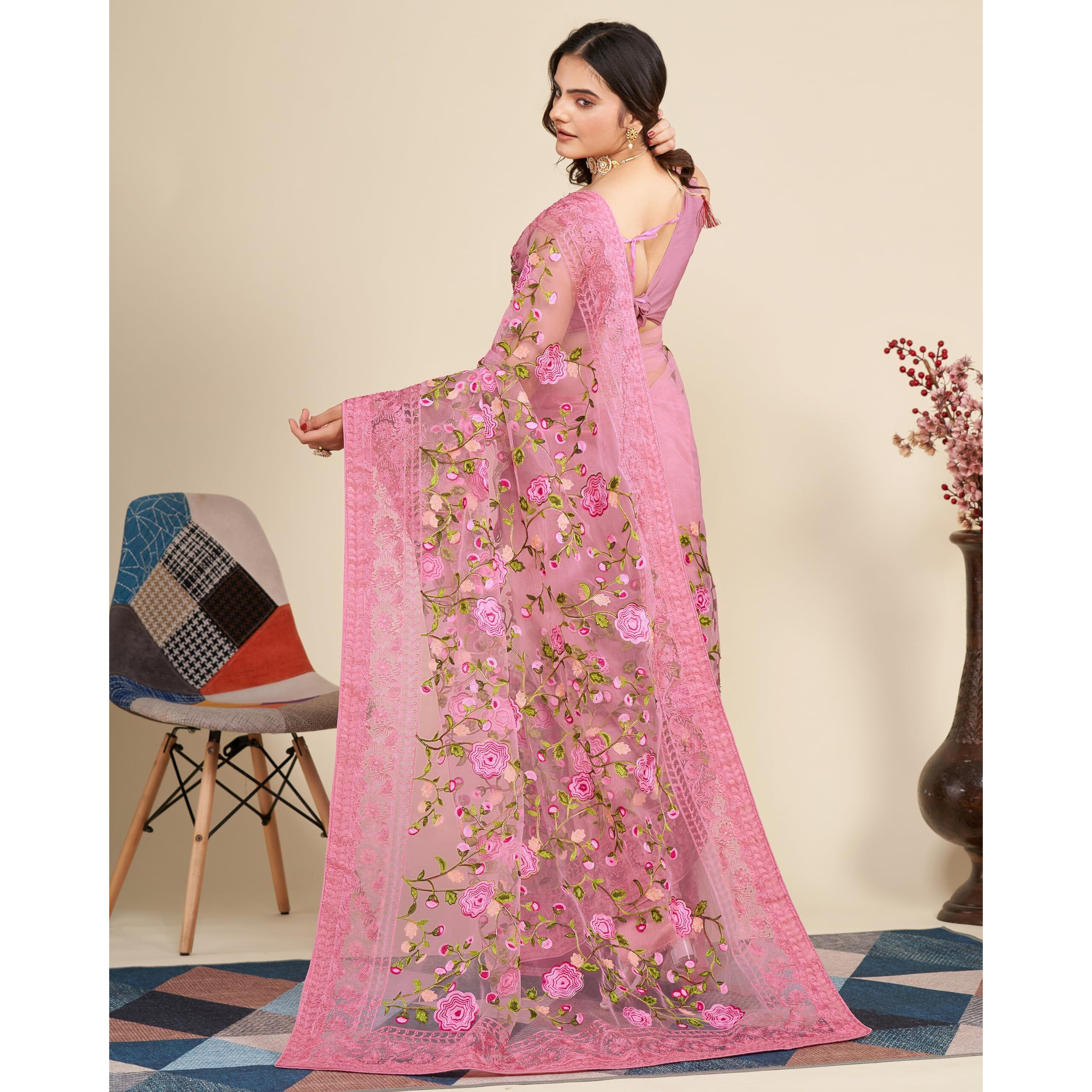 VAIRAGEE Women Soft Net Blush Pink Embroidery Saree 6079_2