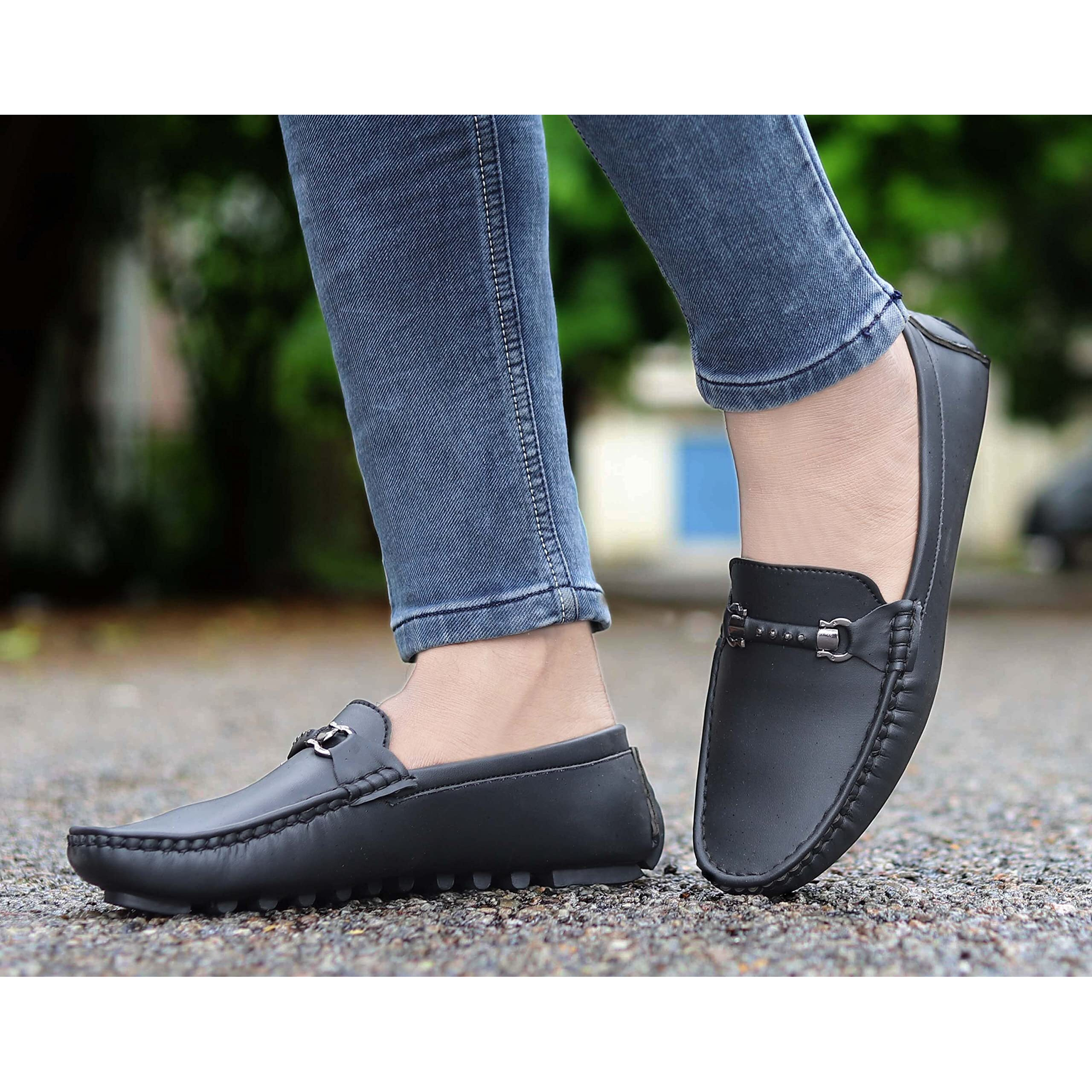 AADI Men's Black Synthetic Leather Outdoor Loafer Shoes