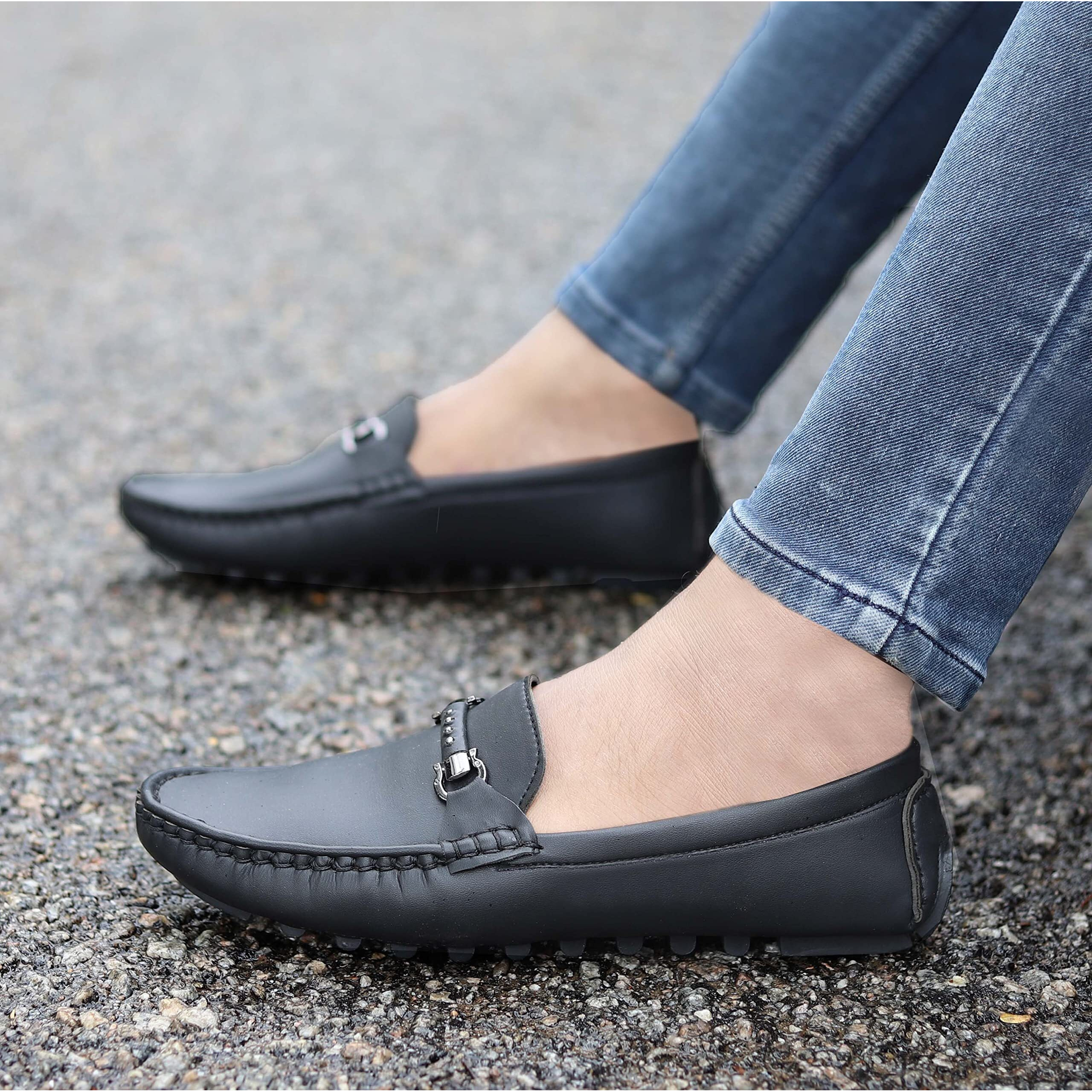 AADI Men's Black Synthetic Leather Outdoor Loafer Shoes