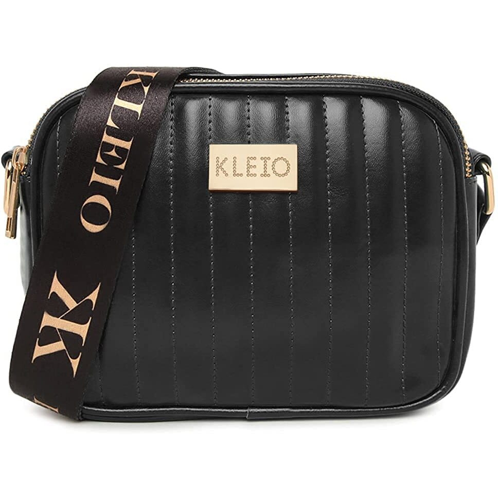 KLEIO Vegan Leather Quilted Elegant Sling Bag For Women (Black) with Adjustable Straps & Zip | Casual Crossbody Bag for Girls for Everyday Use, Parties, Functions, College & Office