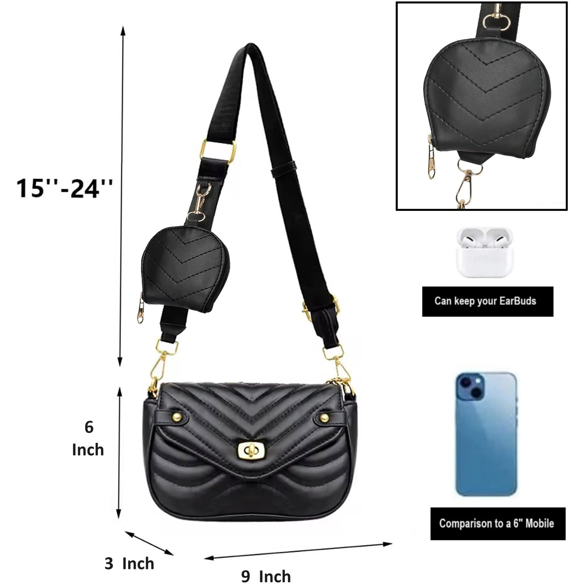 ADISA Women's Girls Waves Cross Body Sling Bag with Pouch (SL5130_Black)