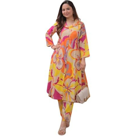 Leriya Fashion WOMEN PRINTED A-LINE CO-ORD KURTA SET FOR WOMEN (LF-W2093&TR1053-S-MULTICOLOR)