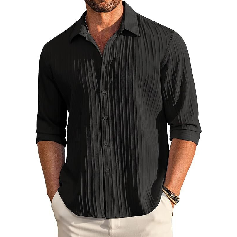 CB-COLEBROOK Men's Casual Button Down Shirts Long Sleeve Linen Shirt Fashion Textured Beach Summer Shirt (in, Alpha, L, Regular, Black)