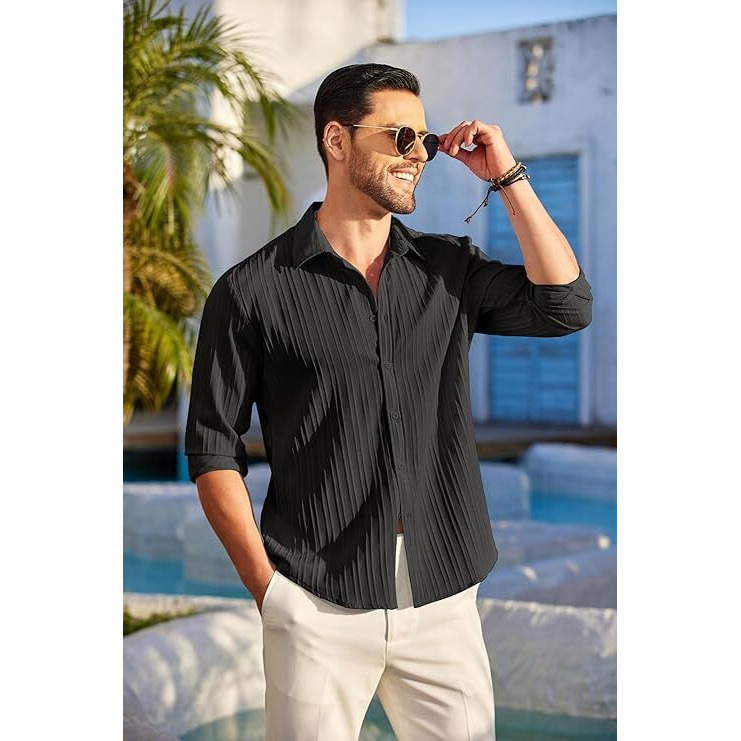 CB-COLEBROOK Men's Casual Button Down Shirts Long Sleeve Linen Shirt Fashion Textured Beach Summer Shirt (in, Alpha, L, Regular, Black)