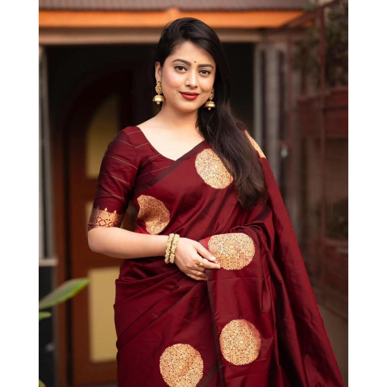 C J Enterprise Women's Banarasi Saree Pure Kanjivaram Silk Saree Soft Design Wear Pattu Sarees Latest Cotton With Blouse Piece Kanchipuram for Wedding sadi new ladies 2025 (KeriGola-51) (Maroon)