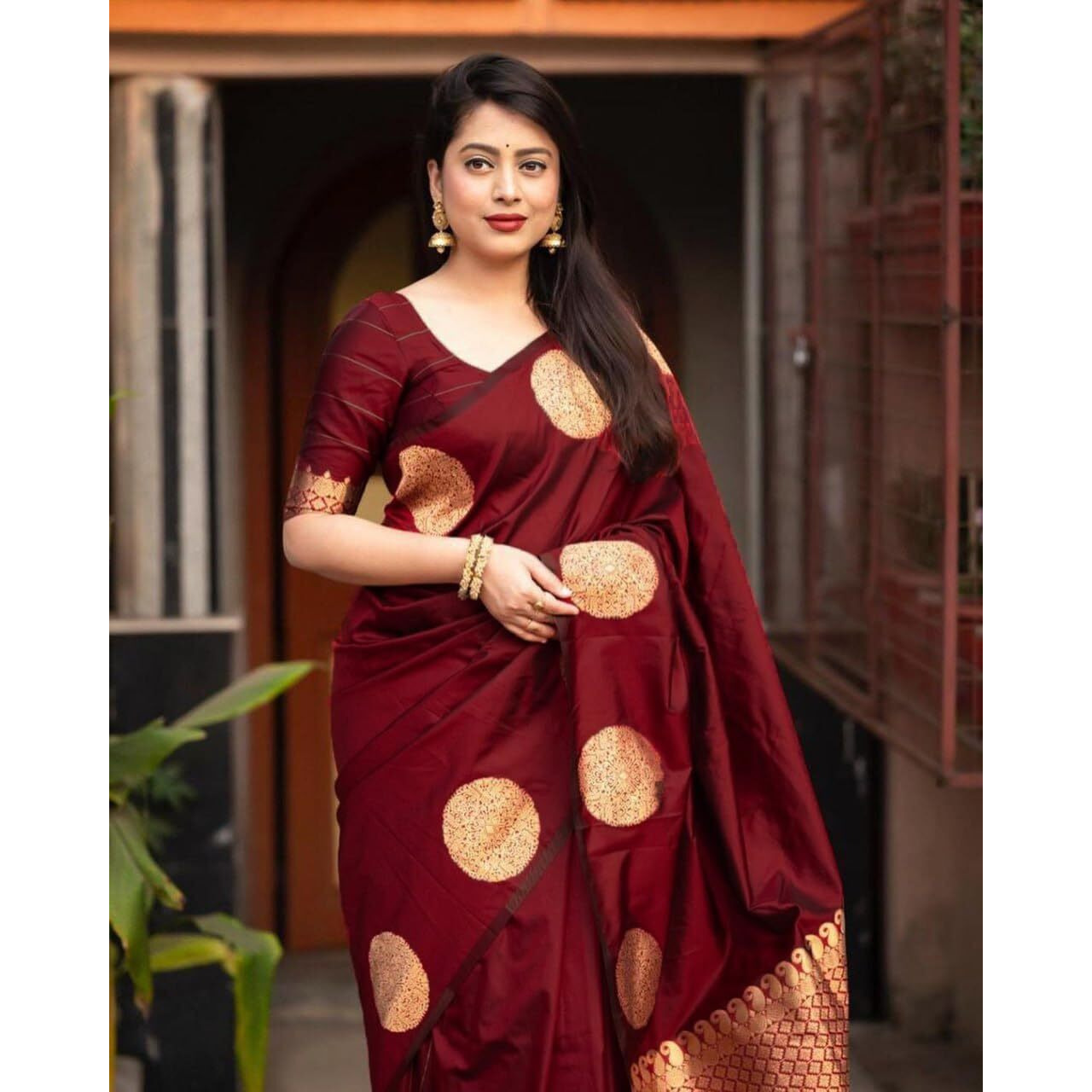 C J Enterprise Women's Banarasi Saree Pure Kanjivaram Silk Saree Soft Design Wear Pattu Sarees Latest Cotton With Blouse Piece Kanchipuram for Wedding sadi new ladies 2025 (KeriGola-51) (Maroon)