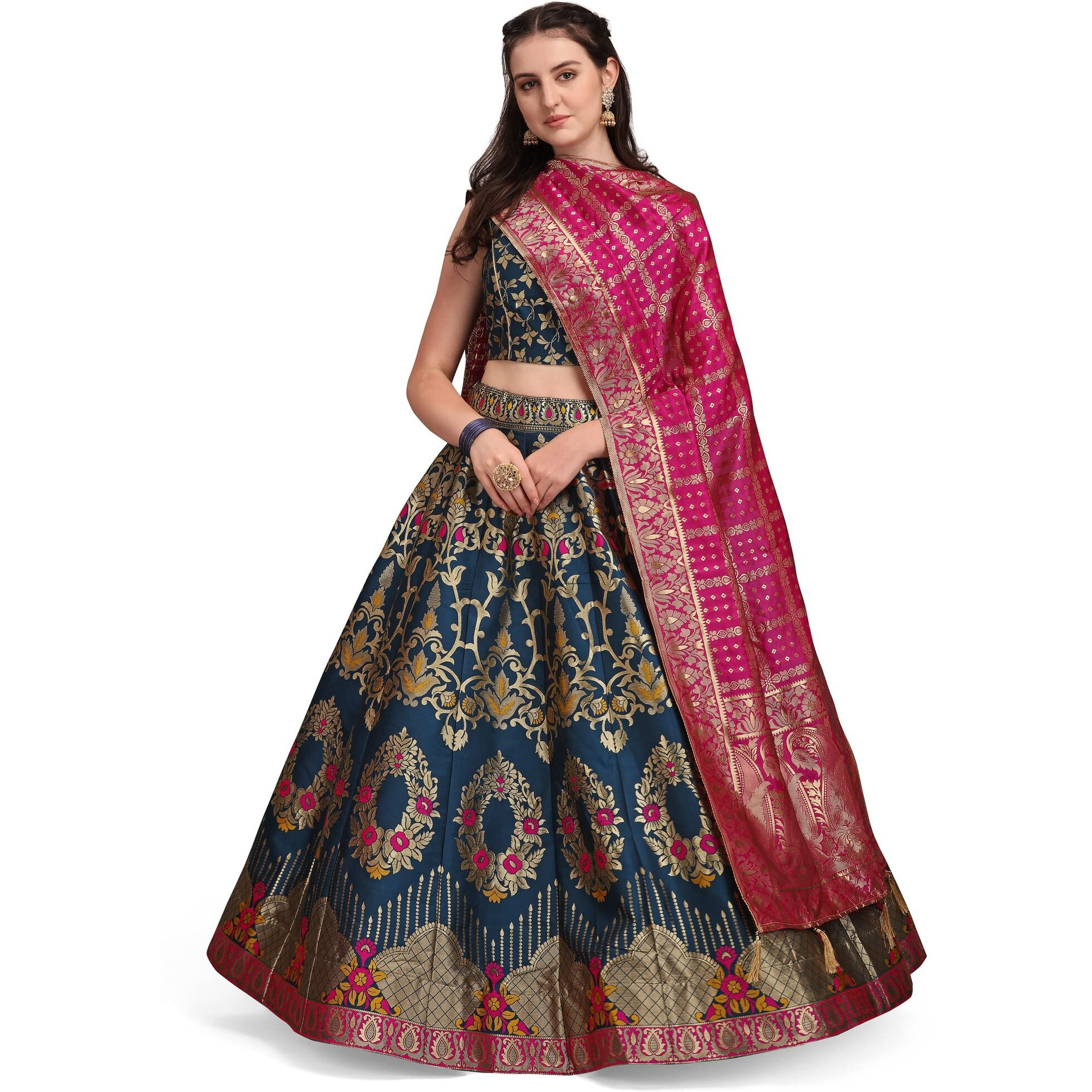 PURVAJA Women's Jacquard Semi-Stitched Lehenga choli (Amayra-Rama_Rama_Free Size)