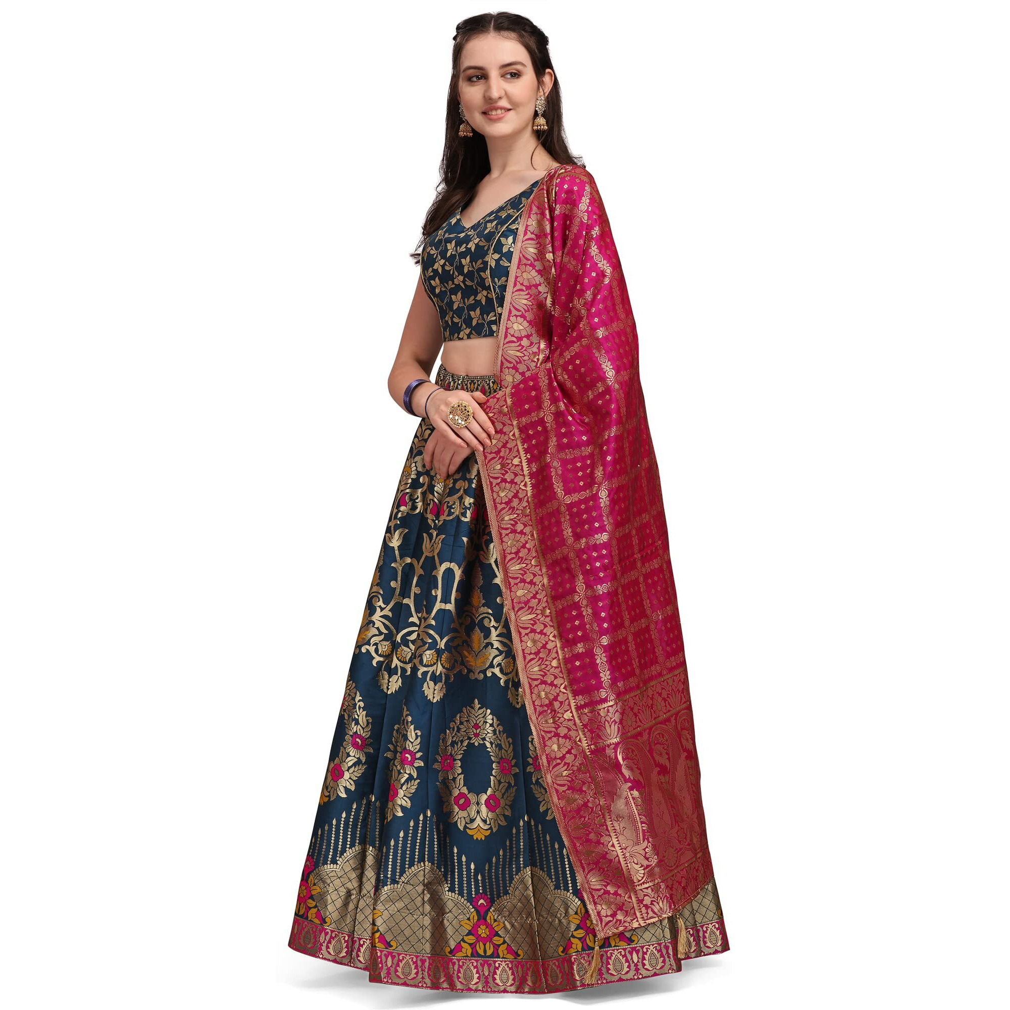 PURVAJA Women's Jacquard Semi-Stitched Lehenga choli (Amayra-Rama_Rama_Free Size)