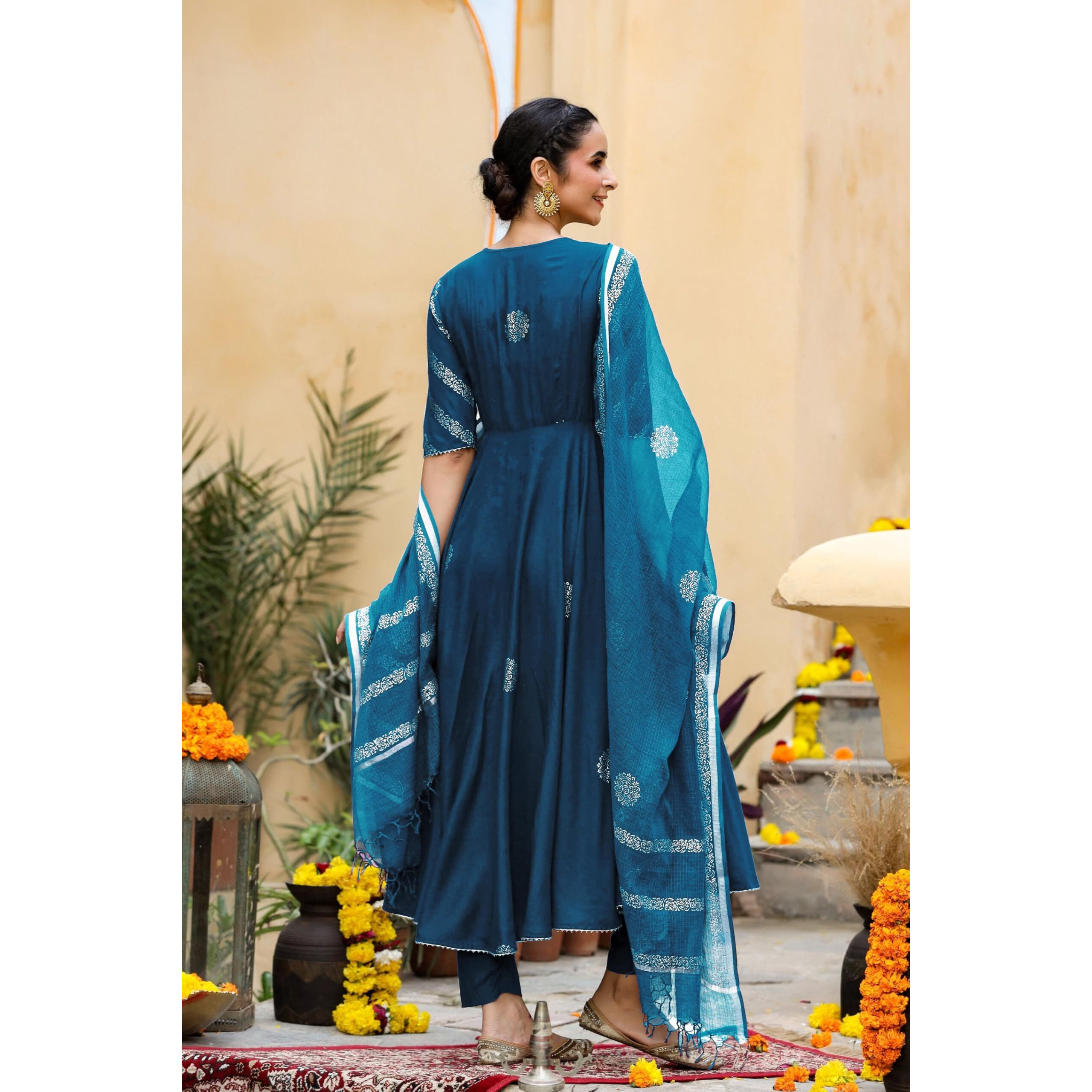 GoSriKi Women's Rayon Blend Anarkali Printed Kurta with Pant & Dupatta (Berlin KEROSIN-GS_XL_Dark Blue_X-Large)