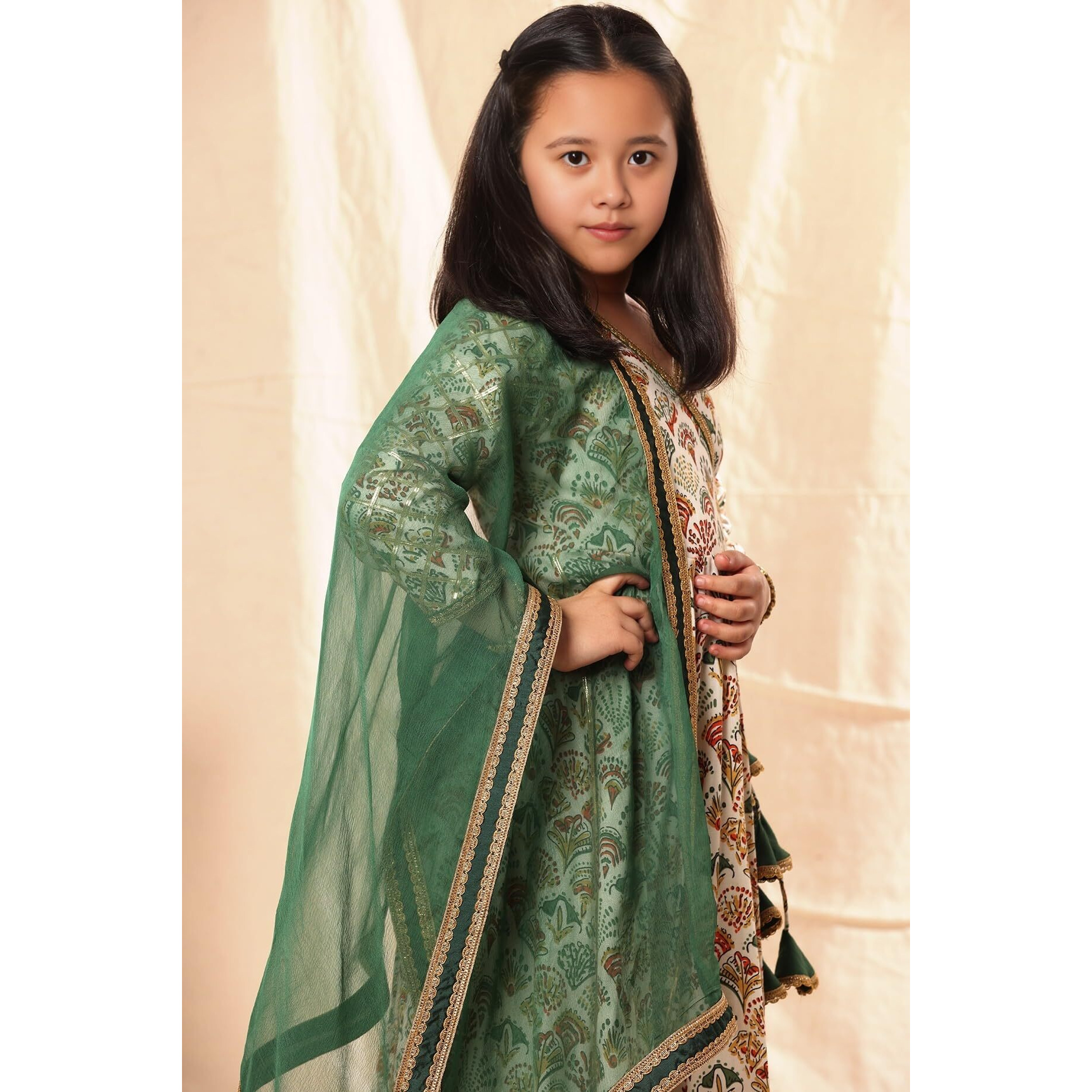 Naixa Girls Rayon Floral Print Drawstring 3/4 Sleeve Anarkali Dress With Churidar Payjama and Dupatta, Off-White, 11-12 Years, Pack of 1
