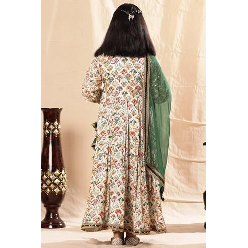 Naixa Girls Rayon Floral Print Drawstring 3/4 Sleeve Anarkali Dress With Churidar Payjama and Dupatta, Off-White, 11-12 Years, Pack of 1