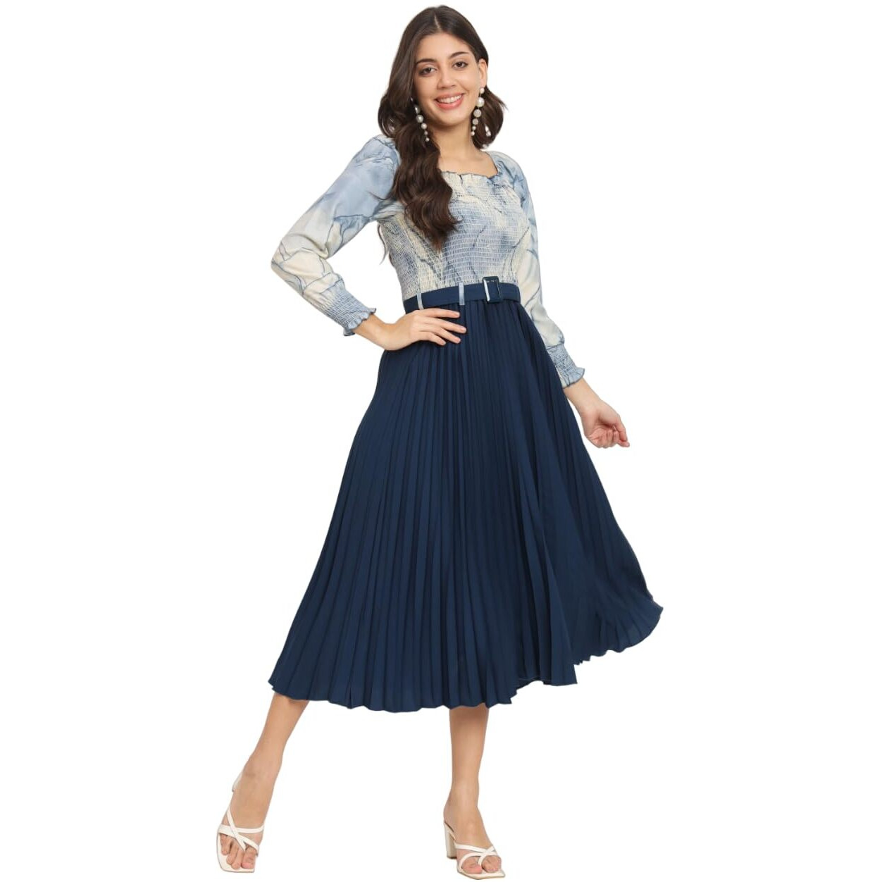 KZULLY Women A-Line Knee-Length Dress with Pleats, Has an Square Neck, Printed Top Comes with A Belt Blue