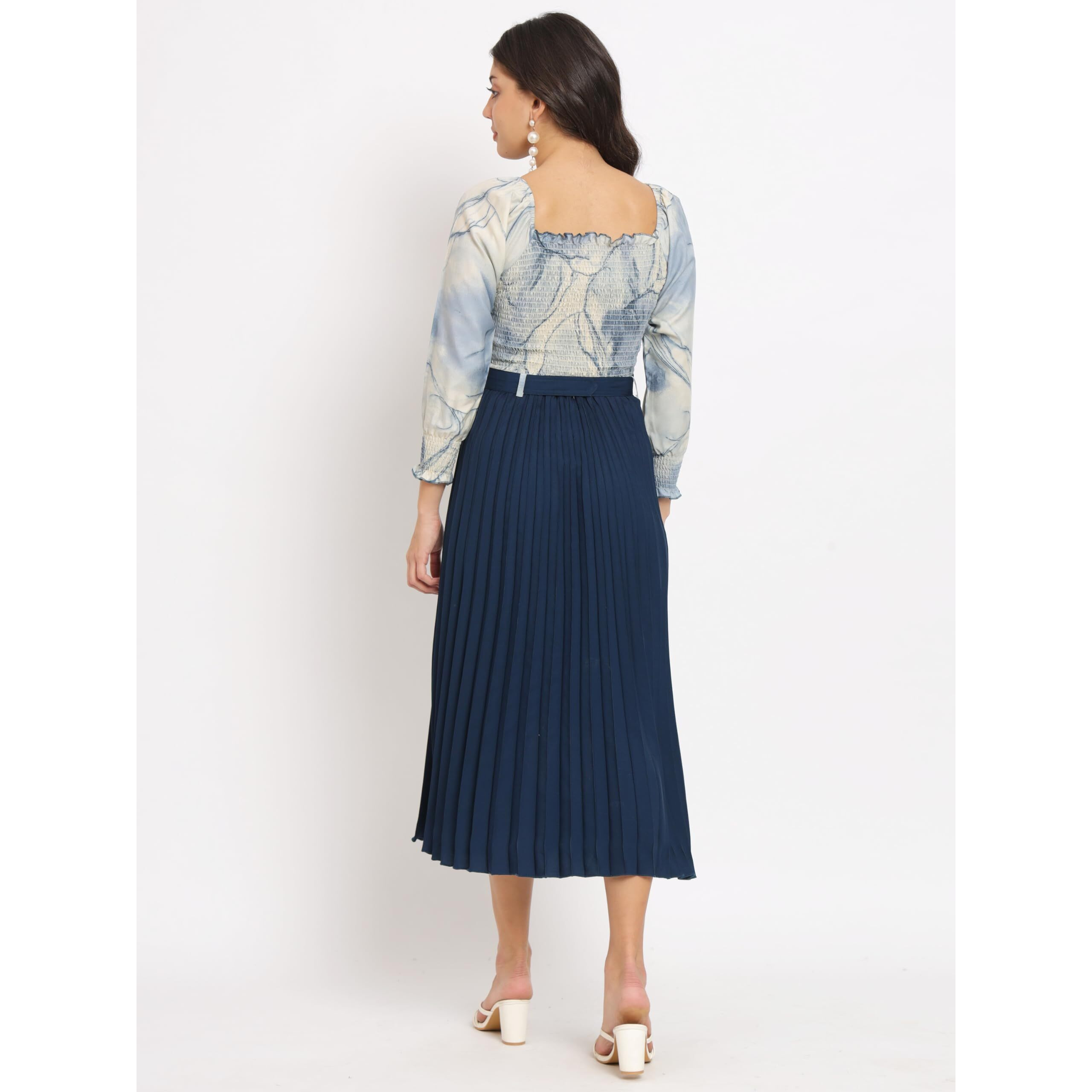 KZULLY Women A-Line Knee-Length Dress with Pleats, Has an Square Neck, Printed Top Comes with A Belt Blue