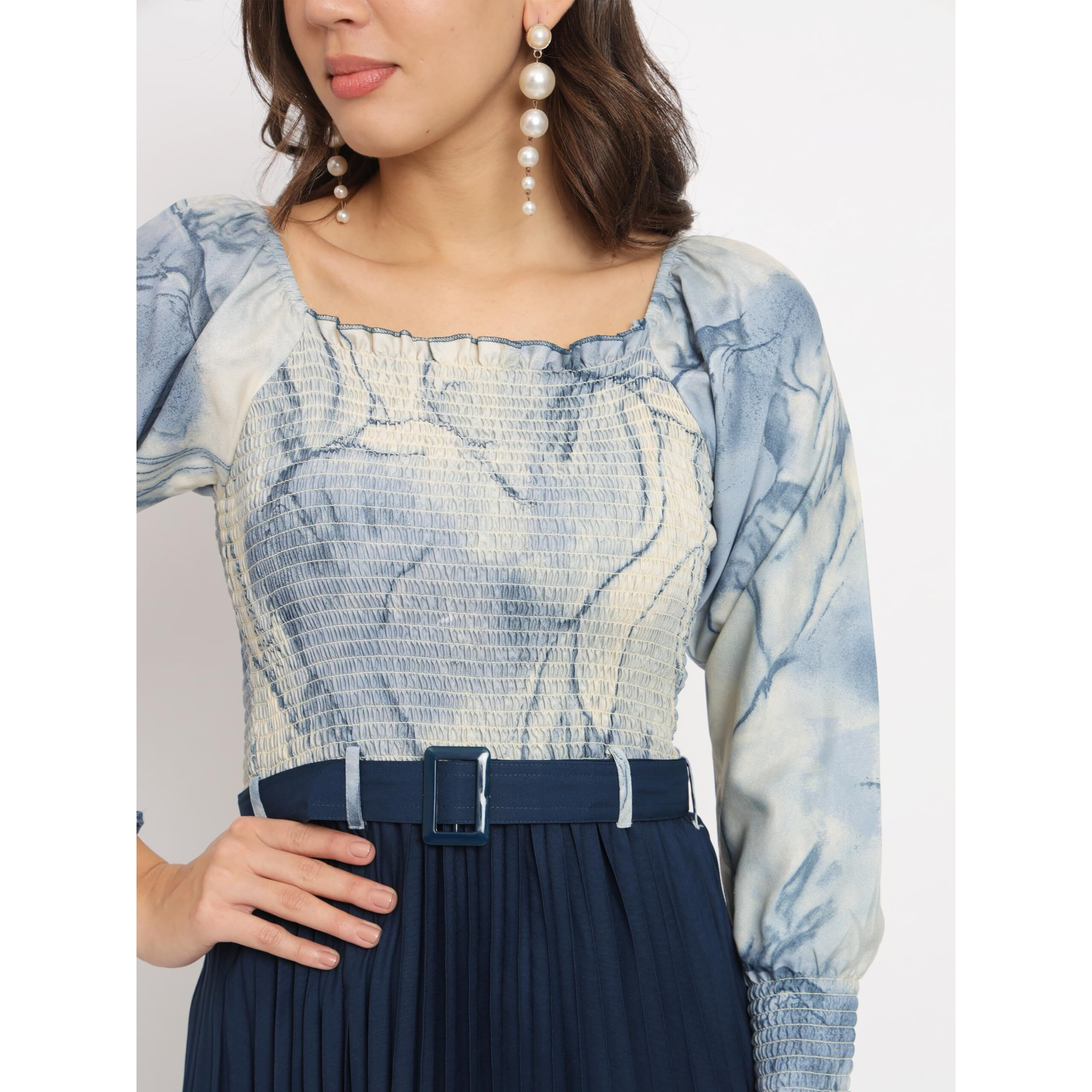 KZULLY Women A-Line Knee-Length Dress with Pleats, Has an Square Neck, Printed Top Comes with A Belt Blue