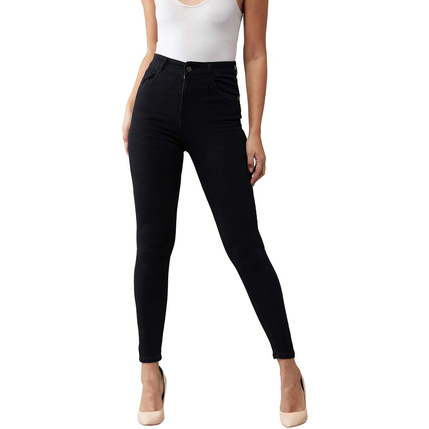 Dolce Crudo Women's Black Skinny Fit High Rise Clean Look Regular Length Clean Look Stretchable Denim Jeans(DOAW18DEN02-79-62-28,Black,28)