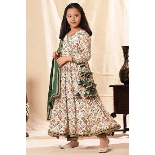 Naixa Girls Rayon Floral Print Drawstring 3/4 Sleeve Anarkali Dress With Churidar Payjama and Dupatta, Off-White, 13-14 Years, Pack of 1