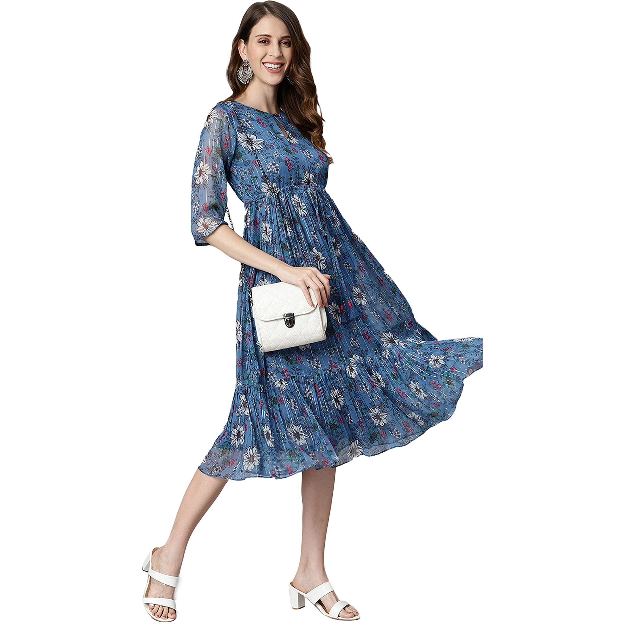Janasya Women's Blue Poly Georgette Floral Flared Western Dress(J0341-DR-M)