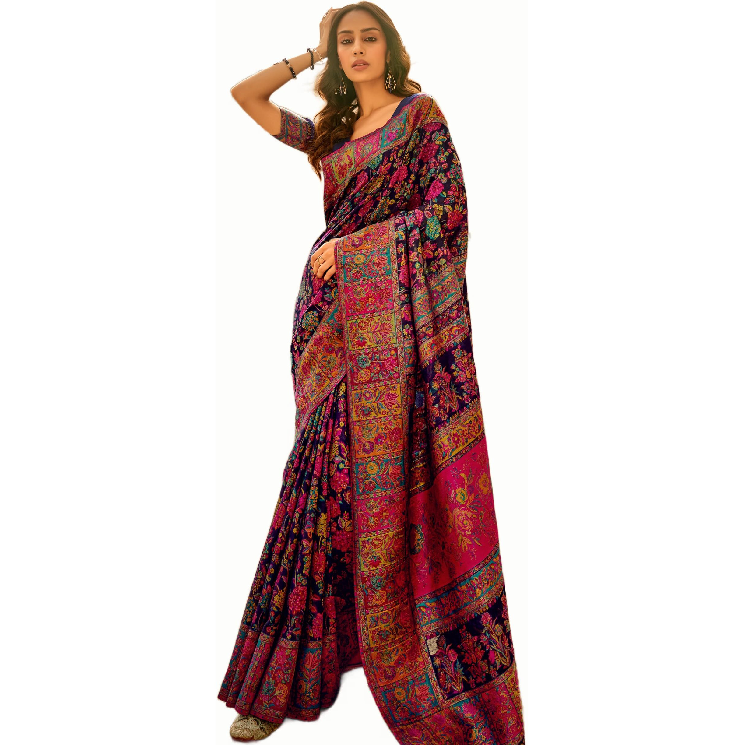 MADHUHANSH Womens Kasamiri Cotton Patola Letest Designer Saree with Unstitched Blouse With Boluse Piece (BLUE)