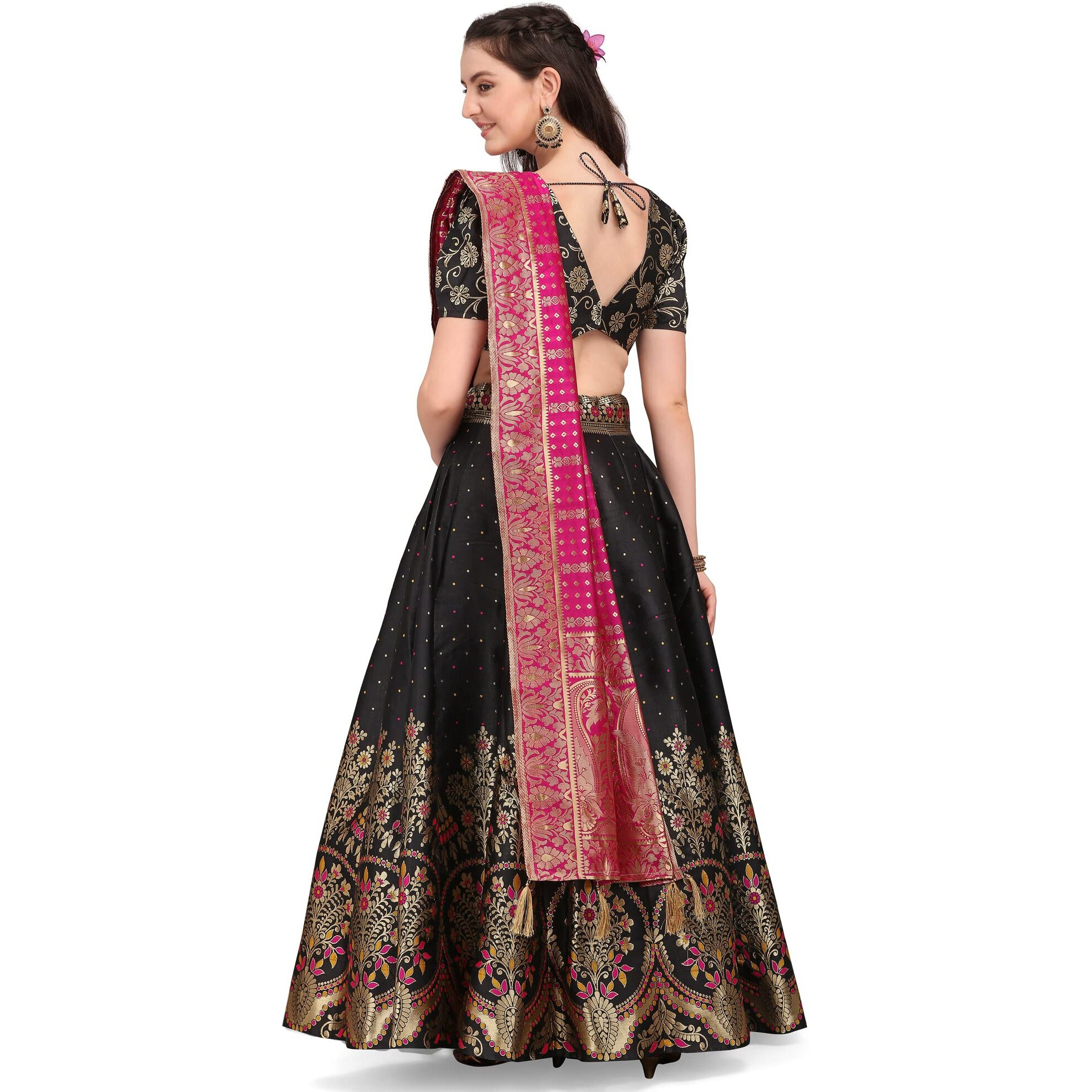 PURVAJA Women's Jacquard Semi-Stitched Lehenga choli (Arambh-Black_Black_Free Size)