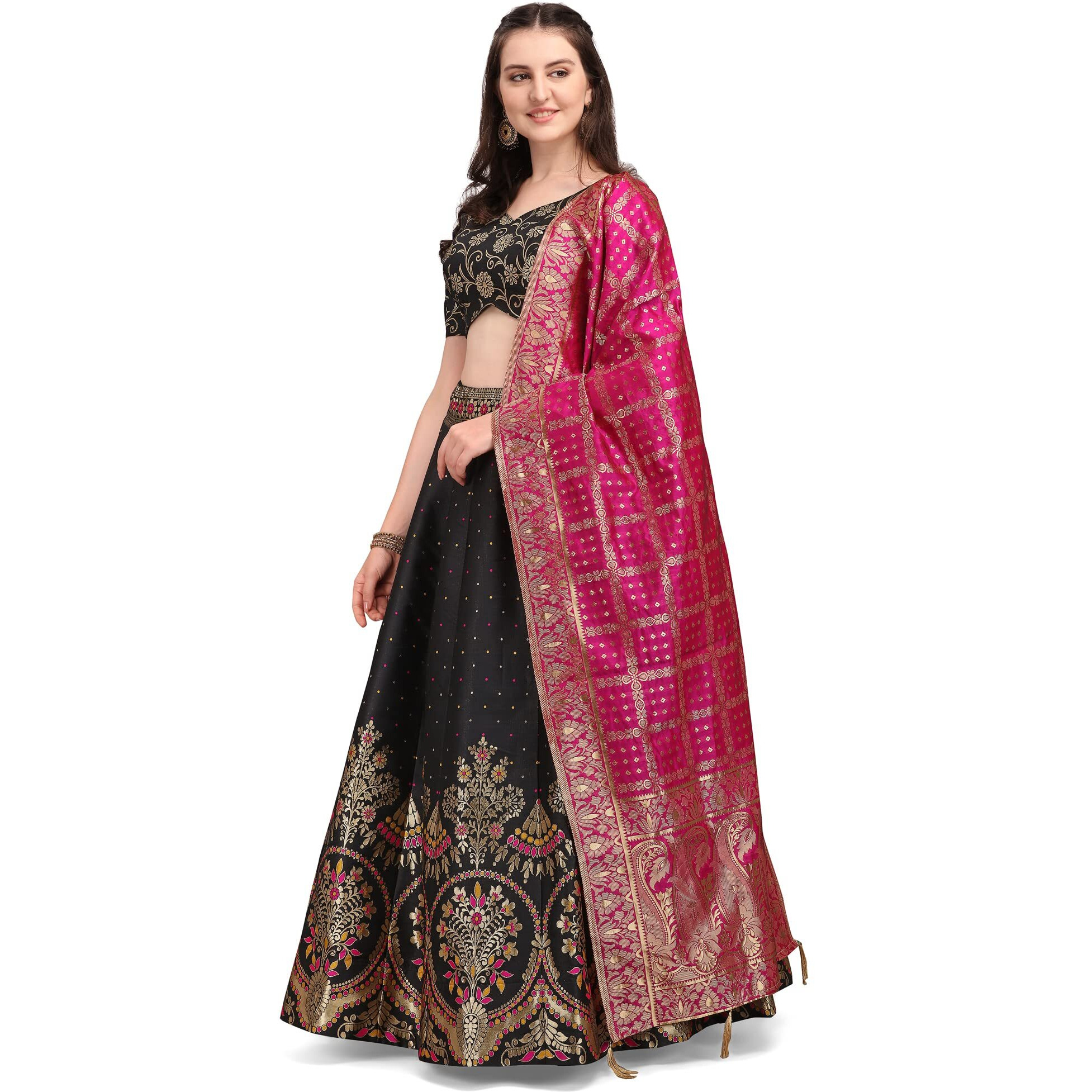 PURVAJA Women's Jacquard Semi-Stitched Lehenga choli (Arambh-Black_Black_Free Size)