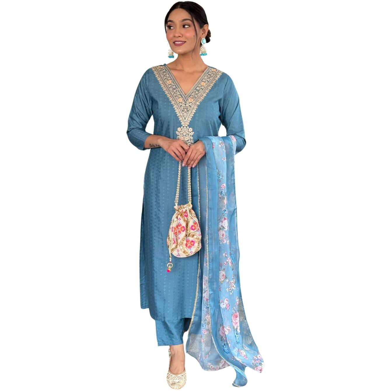 Naixa Women's Firoji Viscose Rayon Embroidered Straight Kurta with Viscose Rayon Pant and Organza Printed Dupatta Sets (NX2-JK-104-Firoji-M)