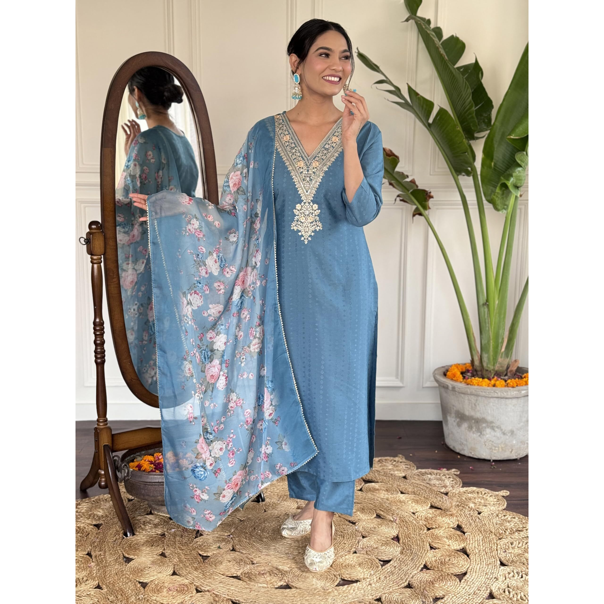 Naixa Women's Firoji Viscose Rayon Embroidered Straight Kurta with Viscose Rayon Pant and Organza Printed Dupatta Sets (NX2-JK-104-Firoji-M)