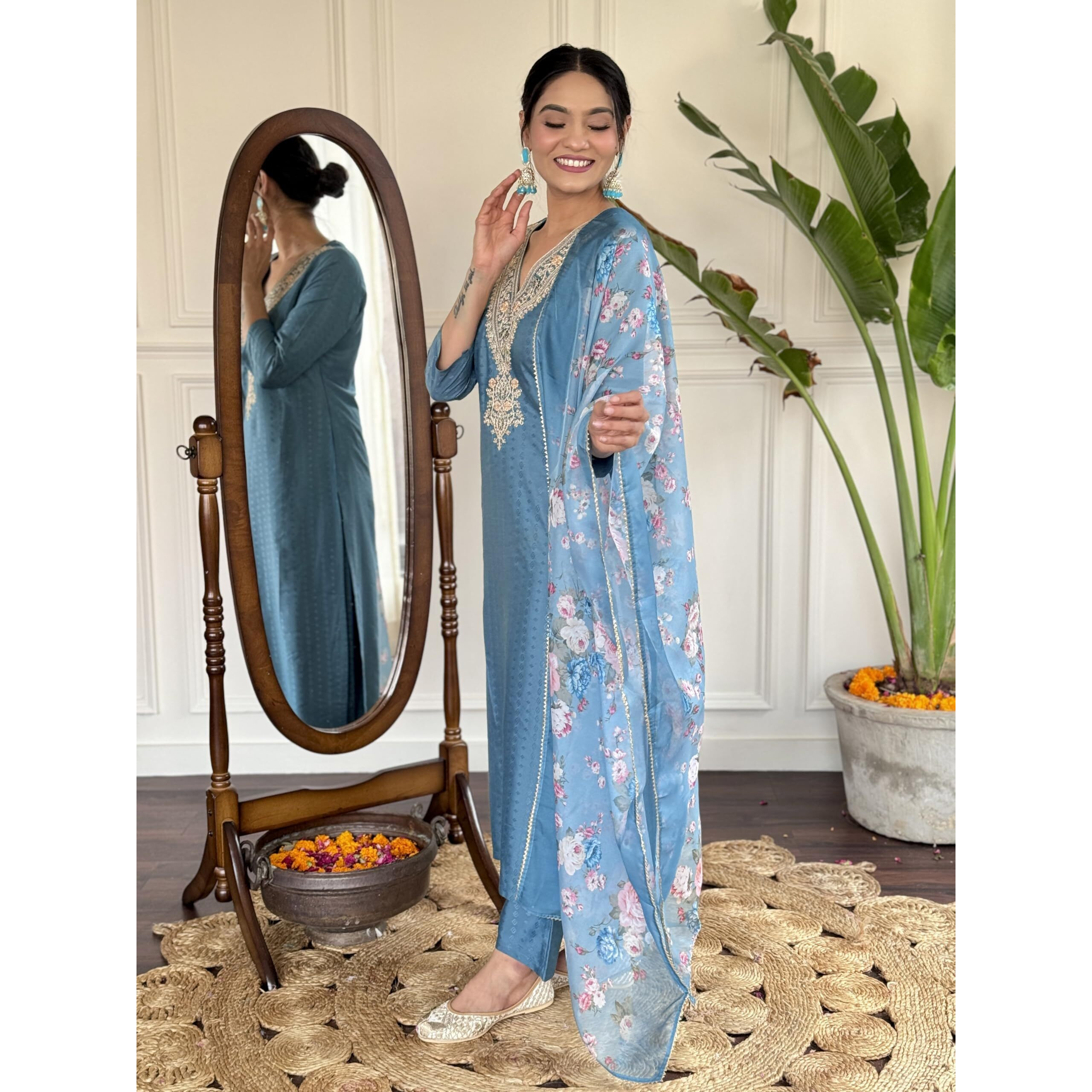 Naixa Women's Firoji Viscose Rayon Embroidered Straight Kurta with Viscose Rayon Pant and Organza Printed Dupatta Sets (NX2-JK-104-Firoji-M)