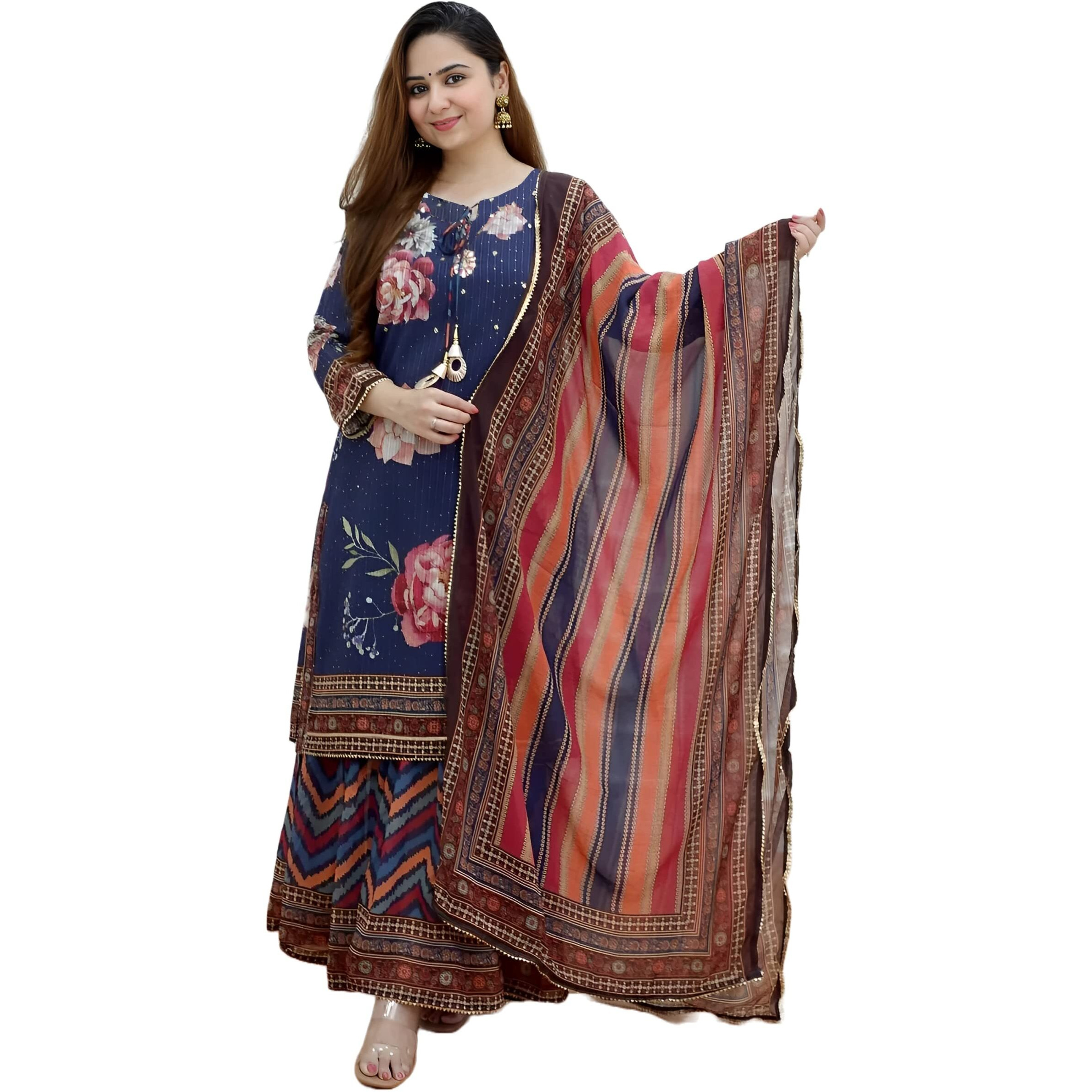 KLOSIA Women Croset Embroidered Printed Kurta and Sharara Set with Dupatta (X-Large) Blue