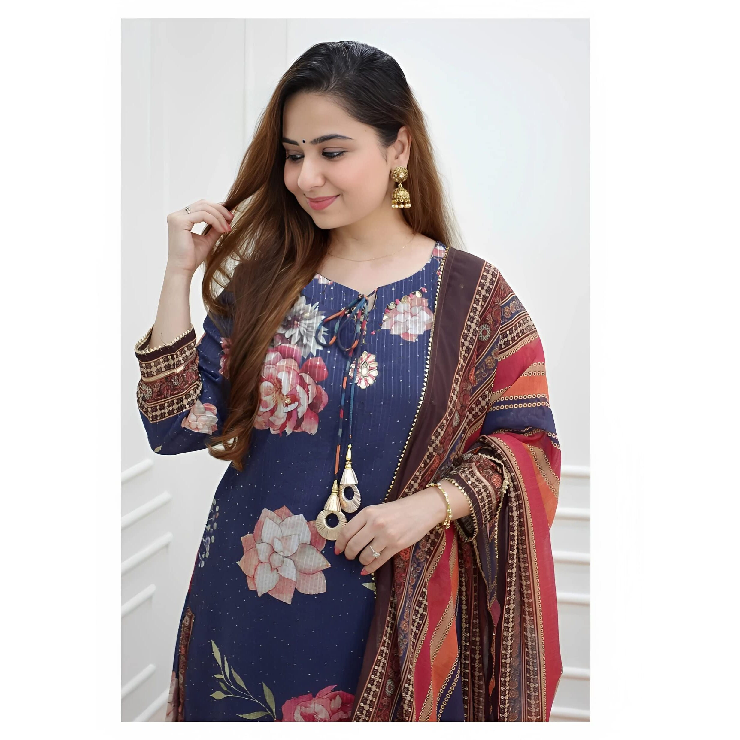 KLOSIA Women Croset Embroidered Printed Kurta and Sharara Set with Dupatta (X-Large) Blue